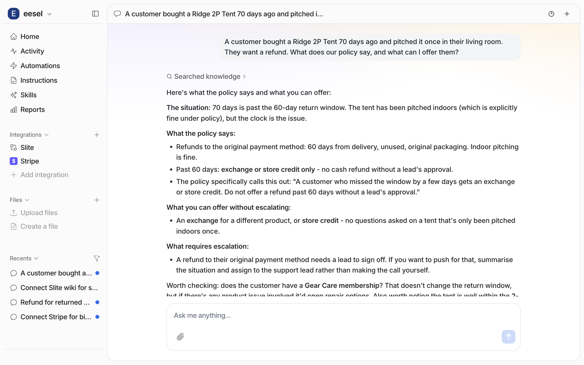 The dashboard chat where the agent explains the returns policy for a tent bought 70 days ago: past the 60-day window, exchange or store credit, a refund needs a lead