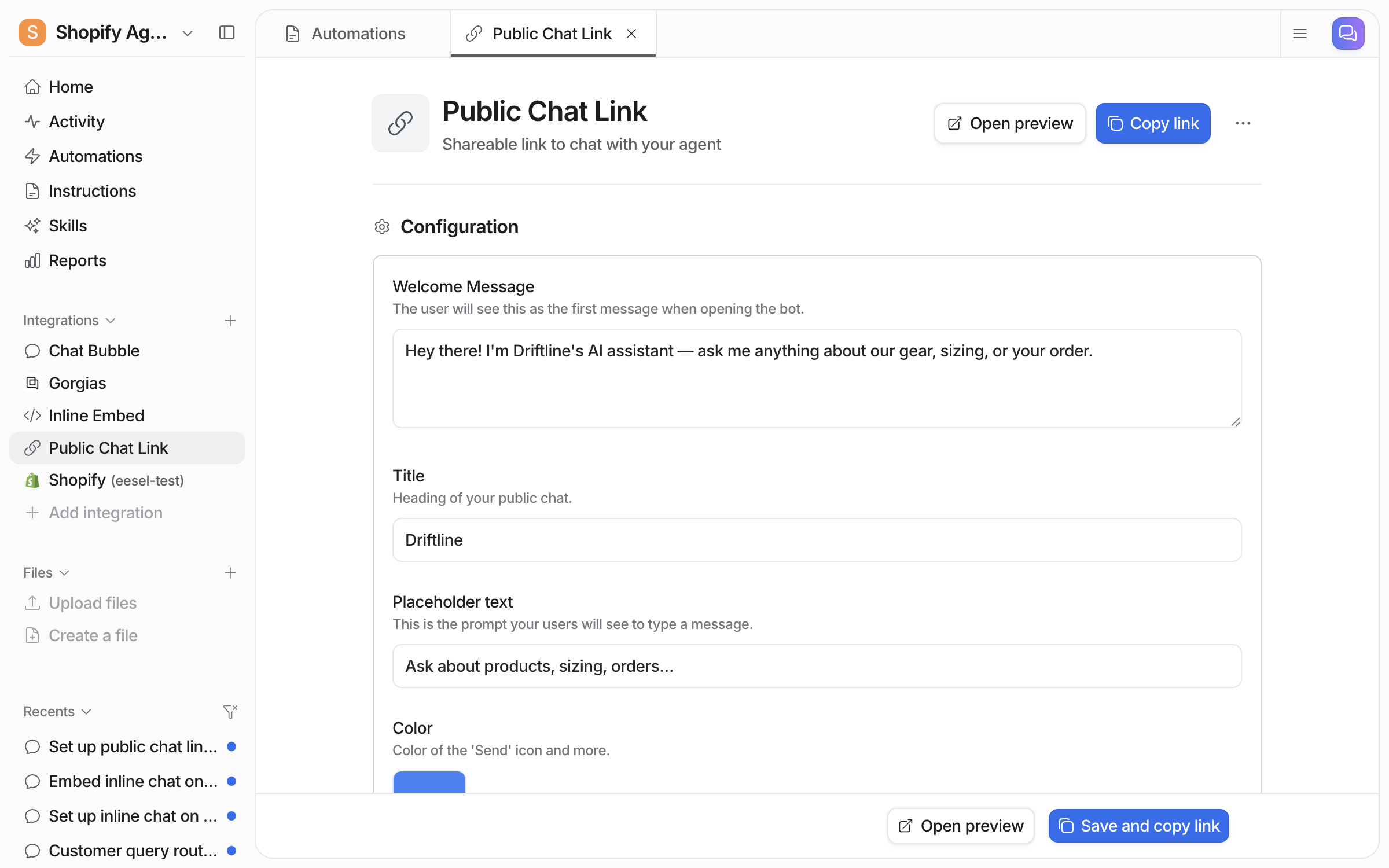 The Public Chat Link settings page with Open preview and Copy link at the top, and the Welcome Message, Title and Placeholder text fields filled in