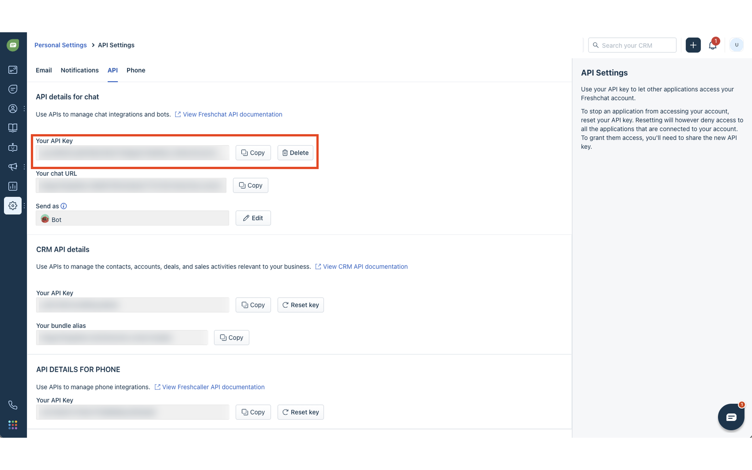 The Freshworks API Settings page with the API key highlighted under API details for chat