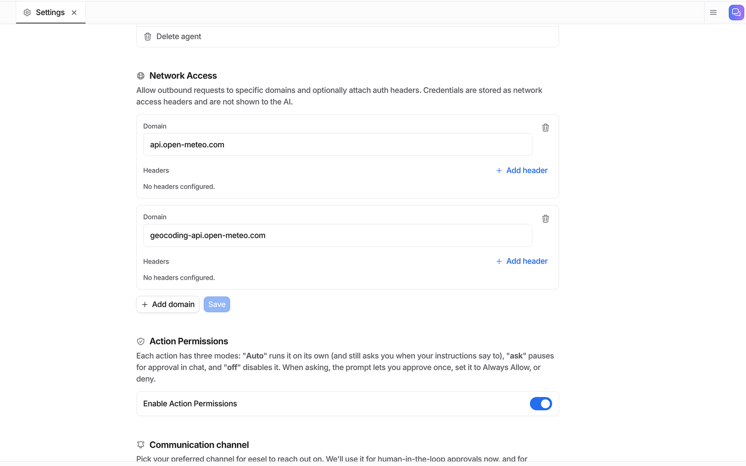 The Network Access section in agent settings with two allowlisted domains, and the note that credentials are stored as headers and never shown to the AI