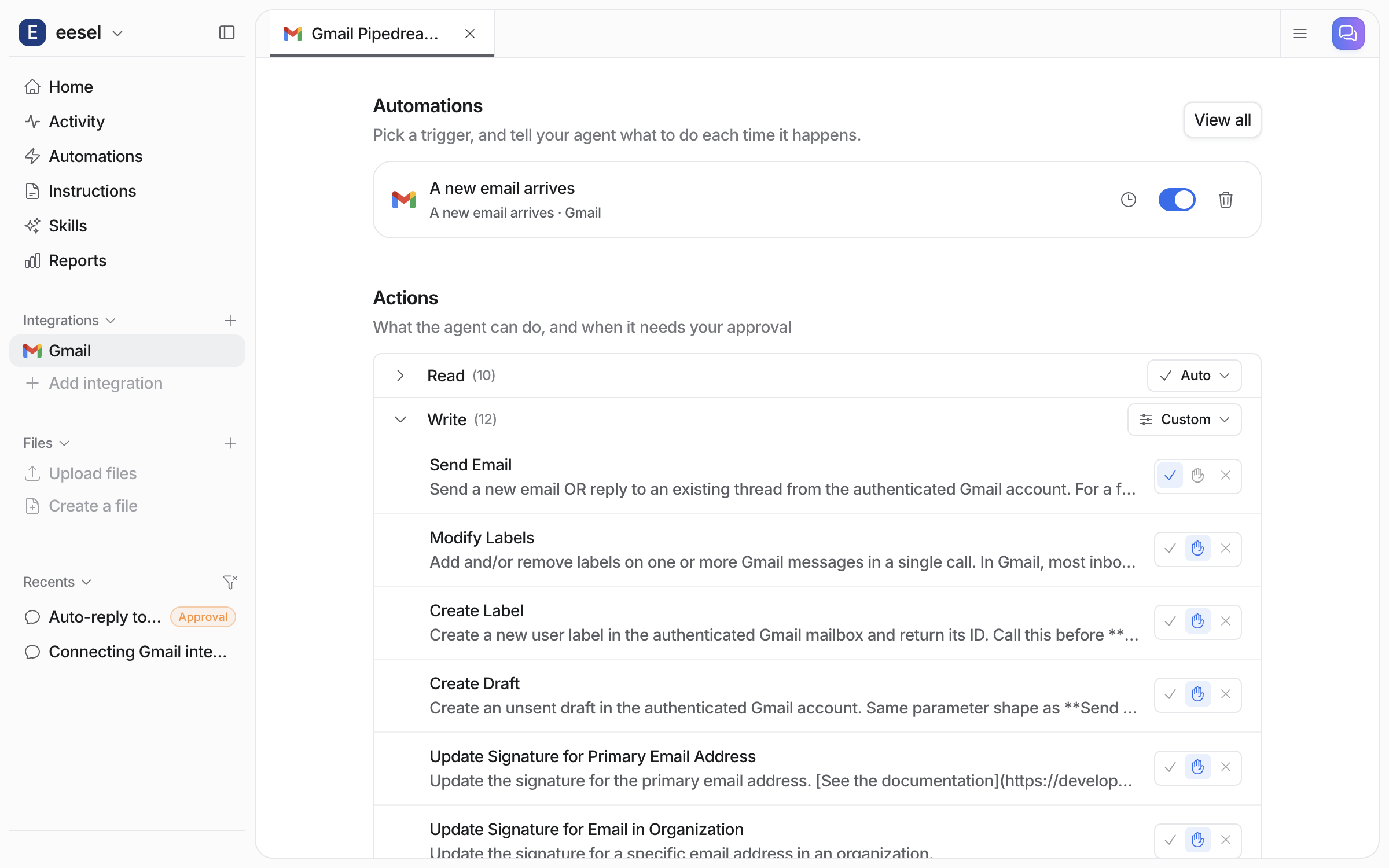 The Gmail integration page with the new email automation listed and switched on, and the Write action group expanded to Custom with the send action set to run on its own and the label, draft and signature actions set to ask first