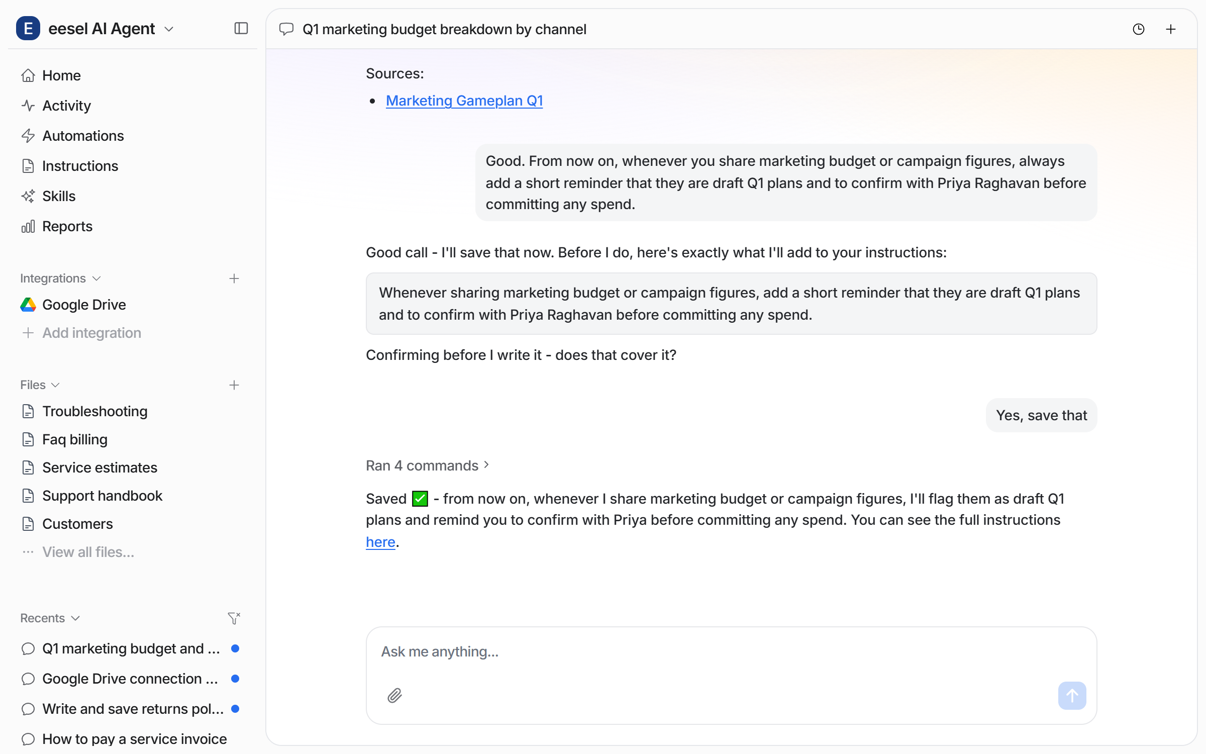 The dashboard chat where the user gives a standing rule, the agent shows the exact wording it will save, and confirms it saved