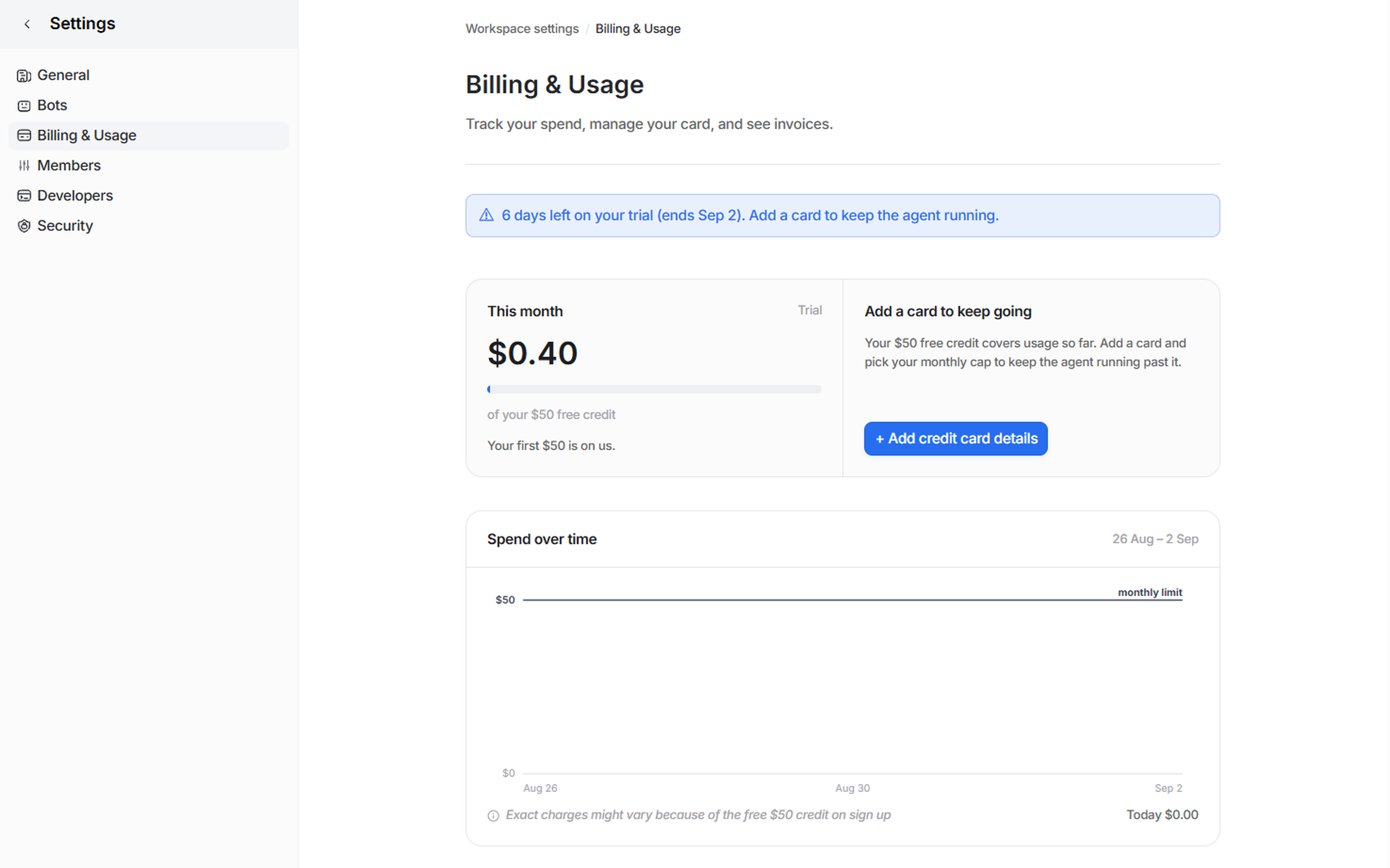 The Billing & Usage page on a trial, showing $0.40 of the $50 free credit used, days left on the trial, and an Add credit card details button
