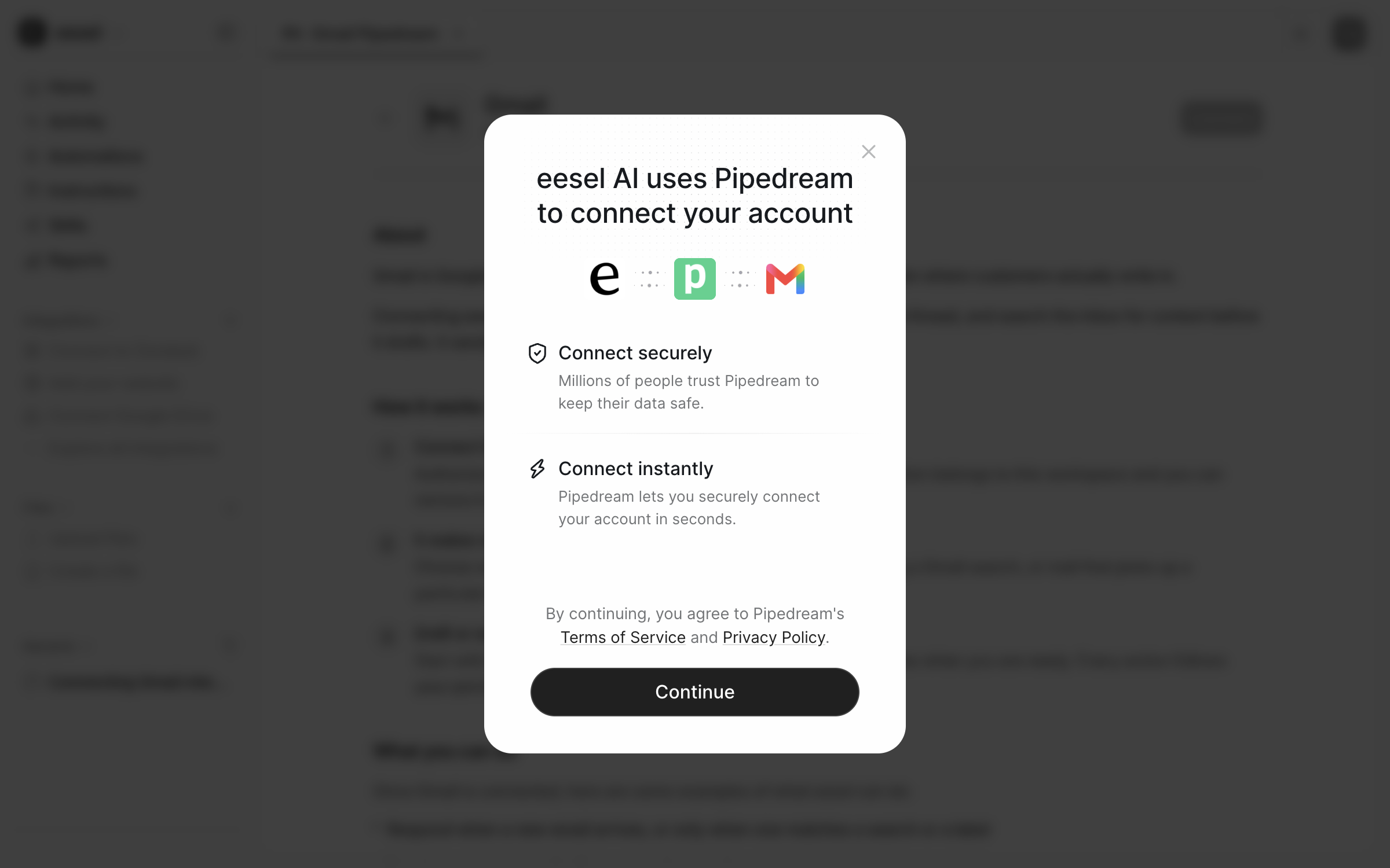 A modal on the Gmail integration page saying eesel AI uses Pipedream to connect your account, with the eesel, Pipedream and Gmail logos and a Continue button