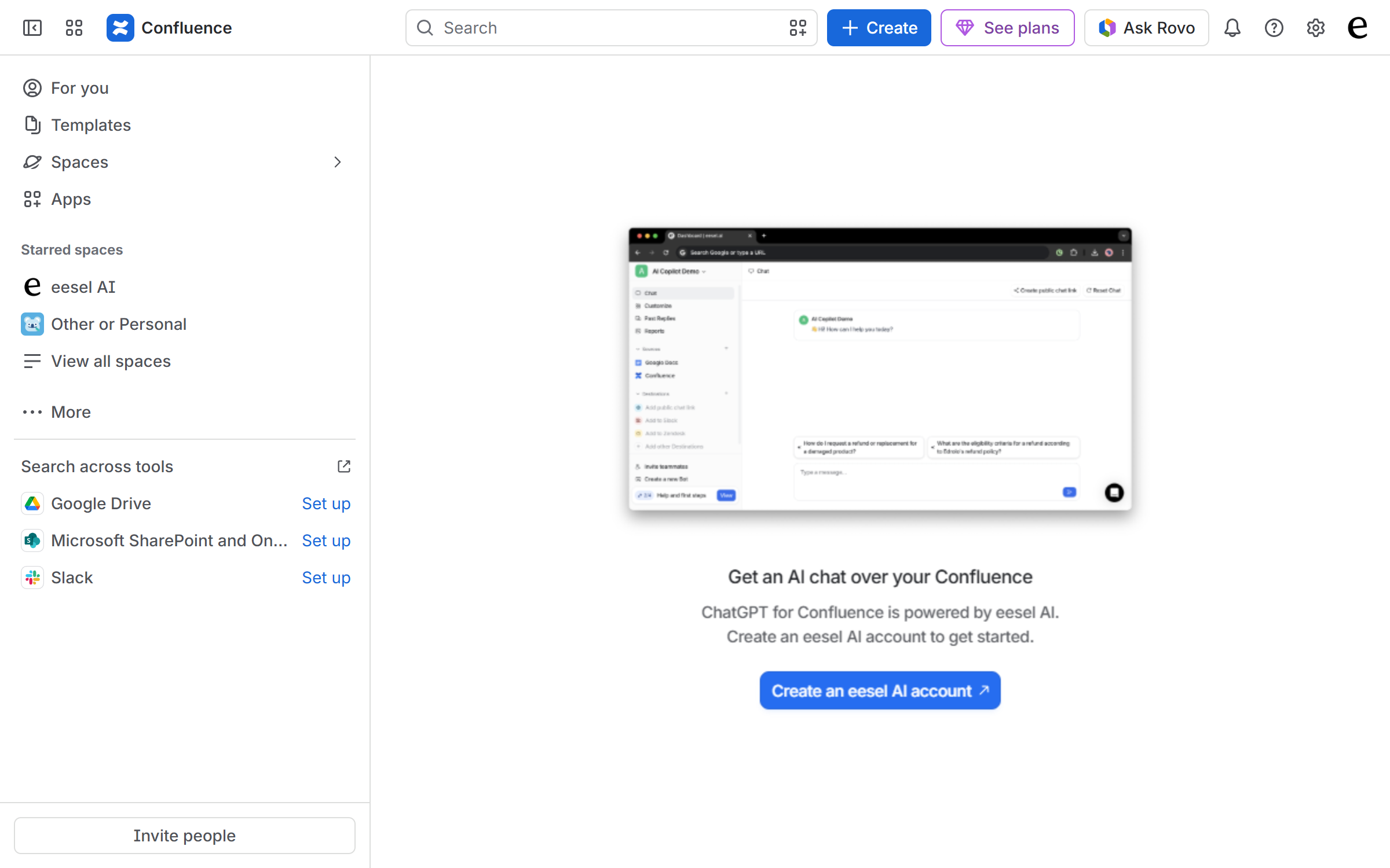 The eesel AI app page inside Confluence on first open, asking you to create or sign in to an eesel AI account