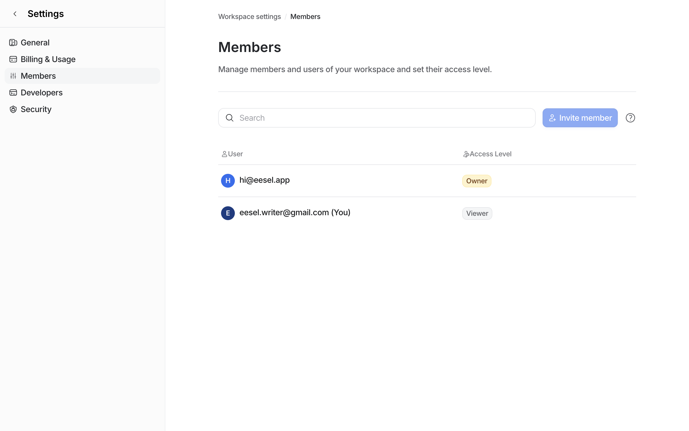 The Members page listing the owner and the new member as a Viewer, with no pending label