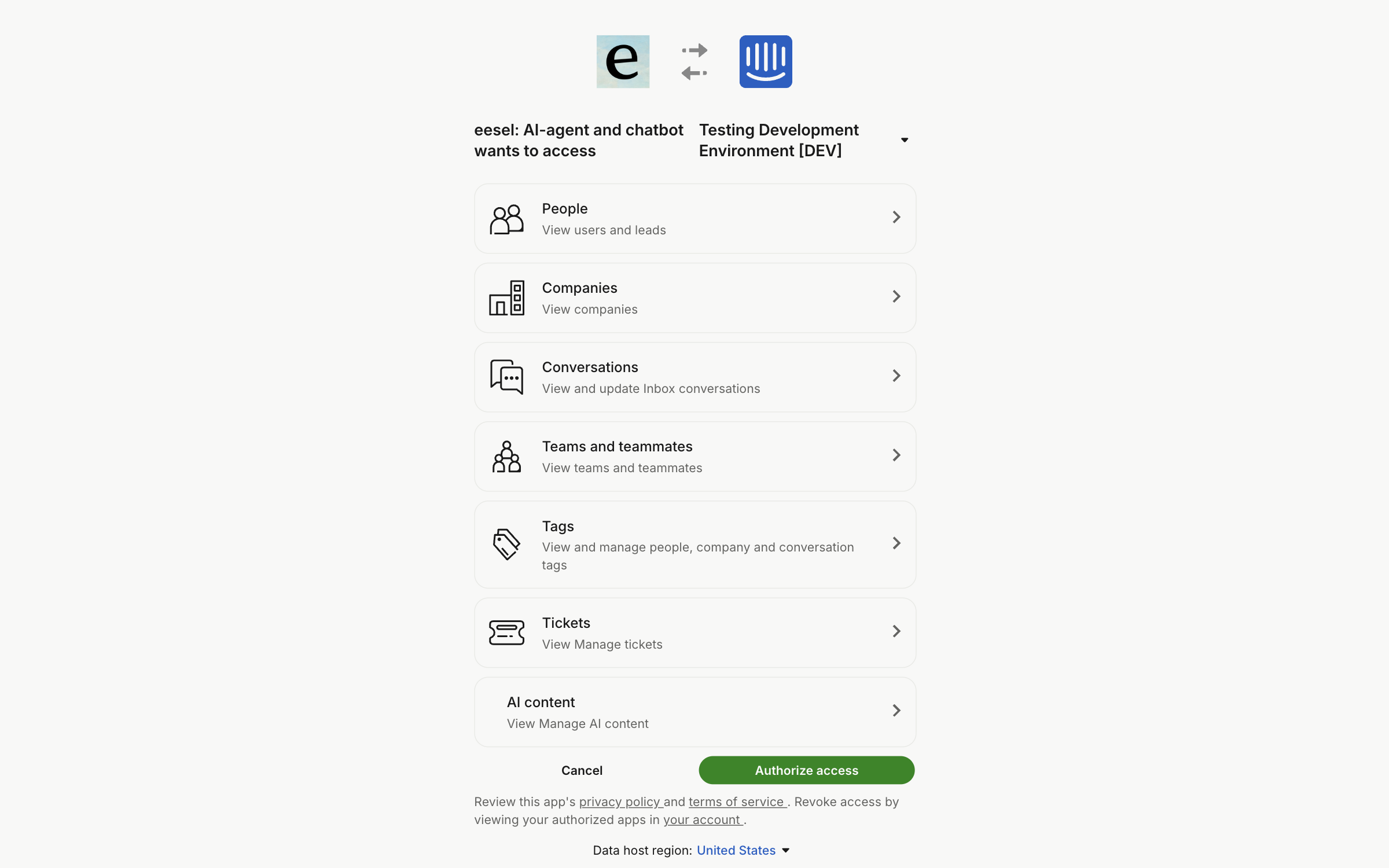 The Intercom authorization screen listing the access eesel is asking for, with Cancel and Authorize access buttons