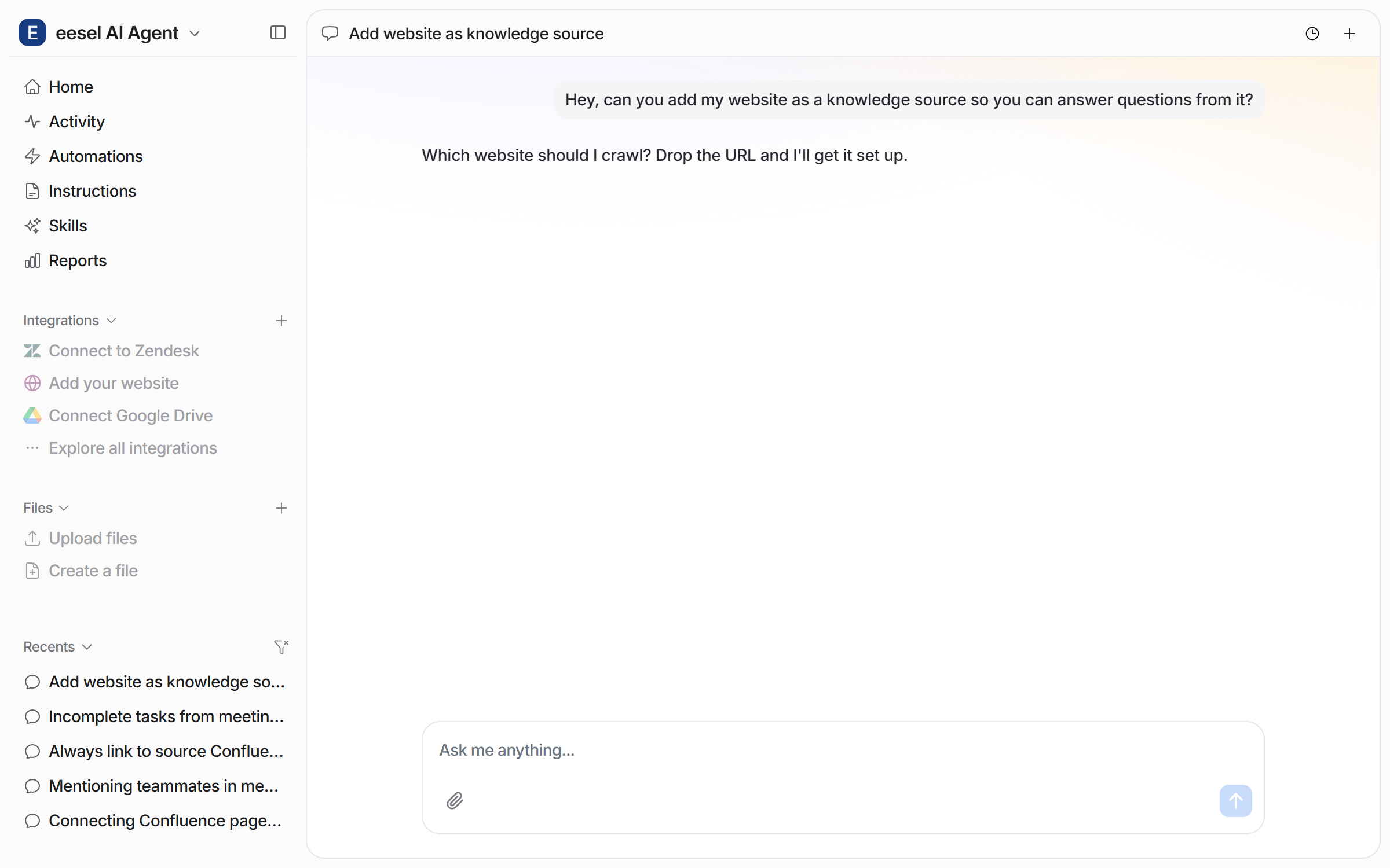 The dashboard chat where the user asks to add their website as a knowledge source and the agent asks which URL to crawl