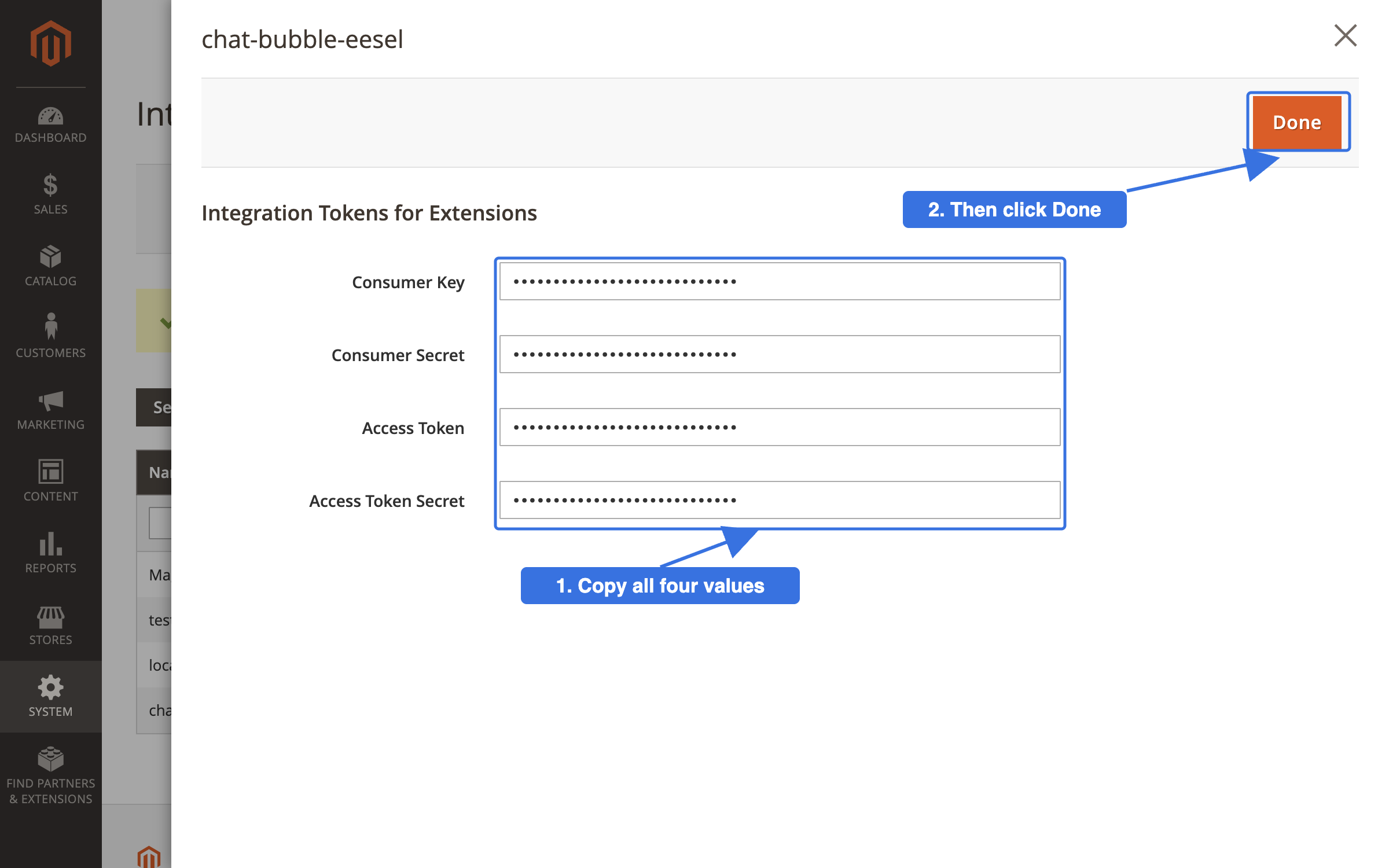 The Magento Integration Tokens for Extensions pop-up with the four values masked, callouts to copy all four and then click Done