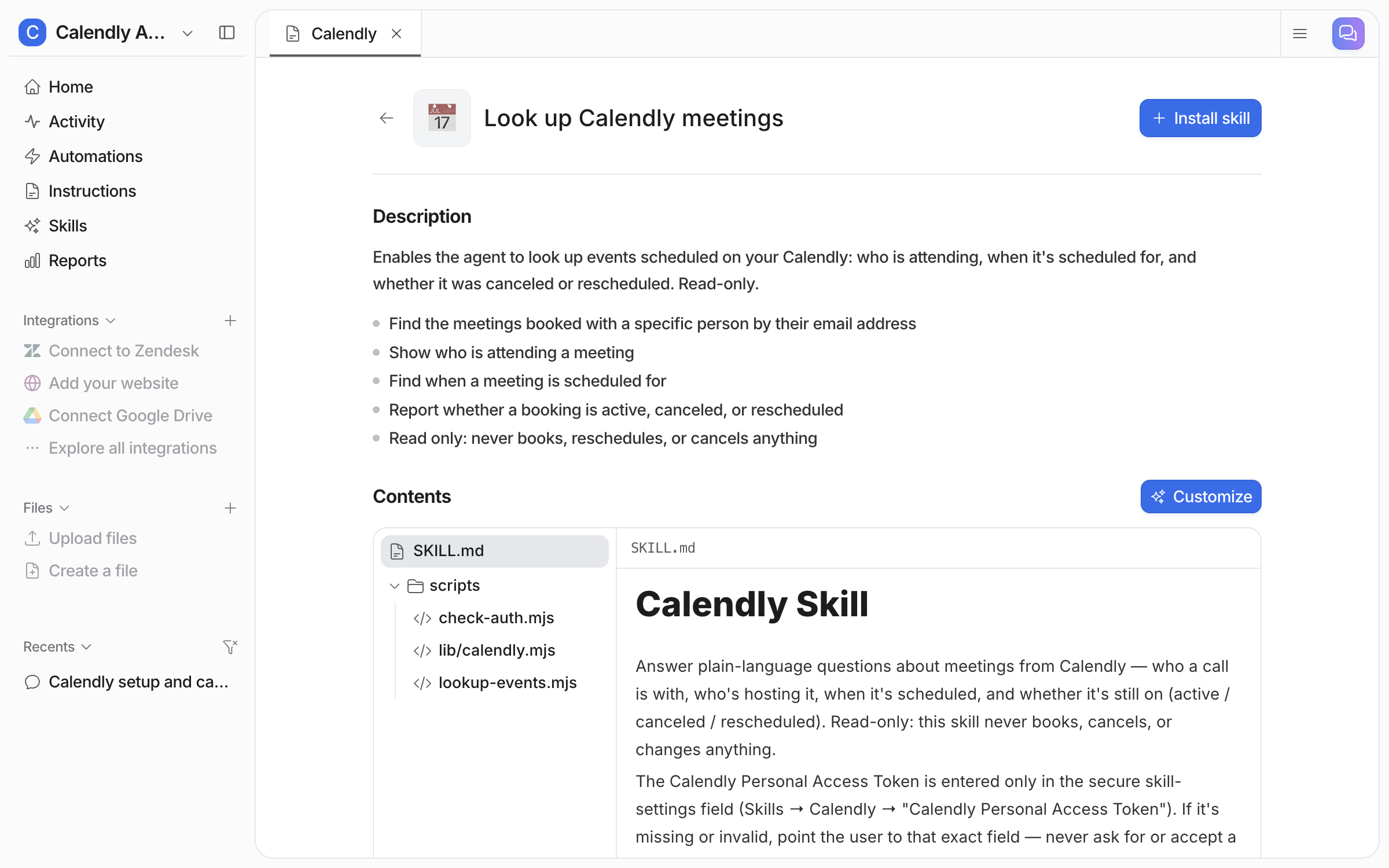 The Look up Calendly meetings skill page with its description, the five things it can do, an Install skill button and the skill's contents