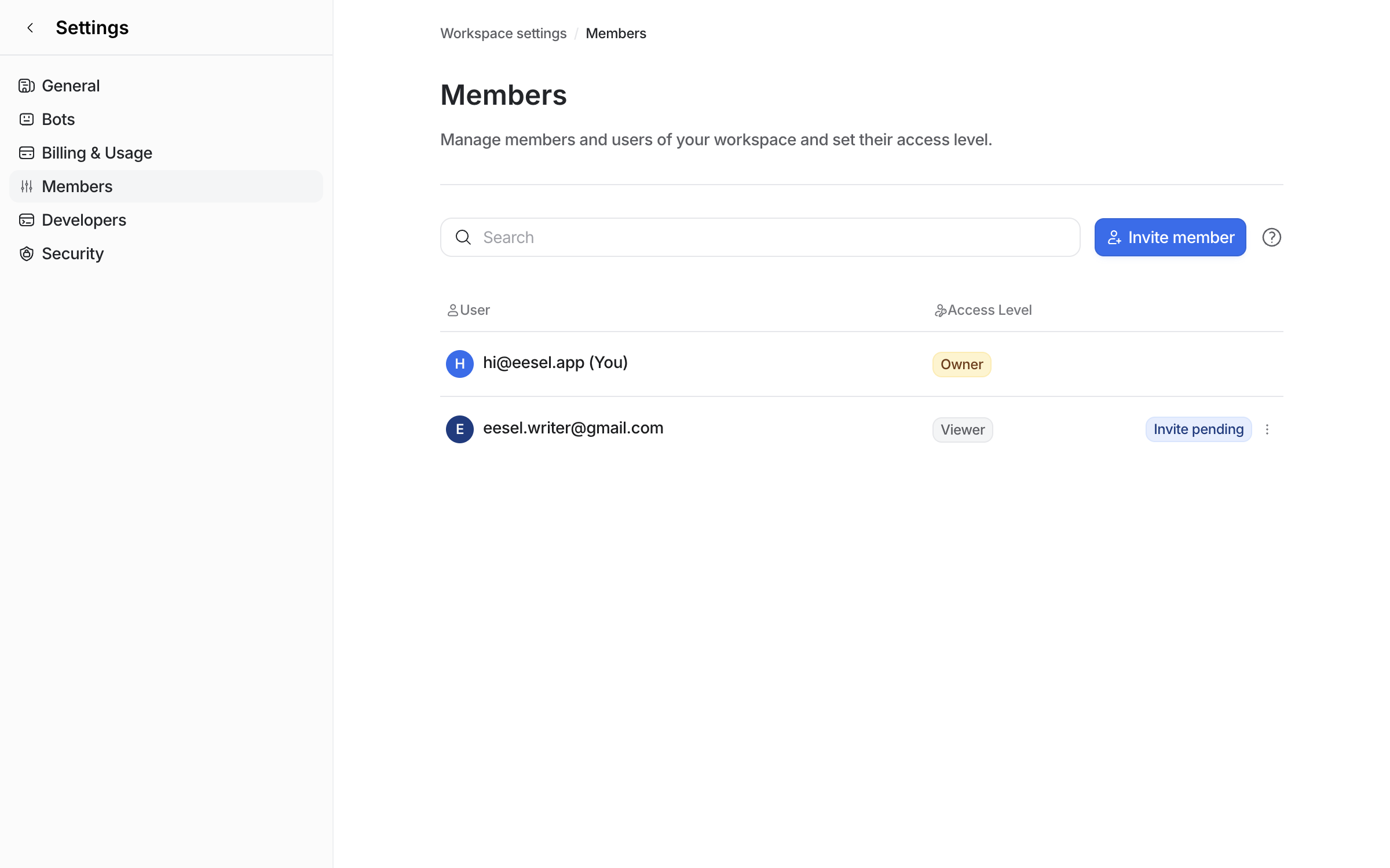 The Members page listing the owner and the invited address as a Viewer with an Invite pending label