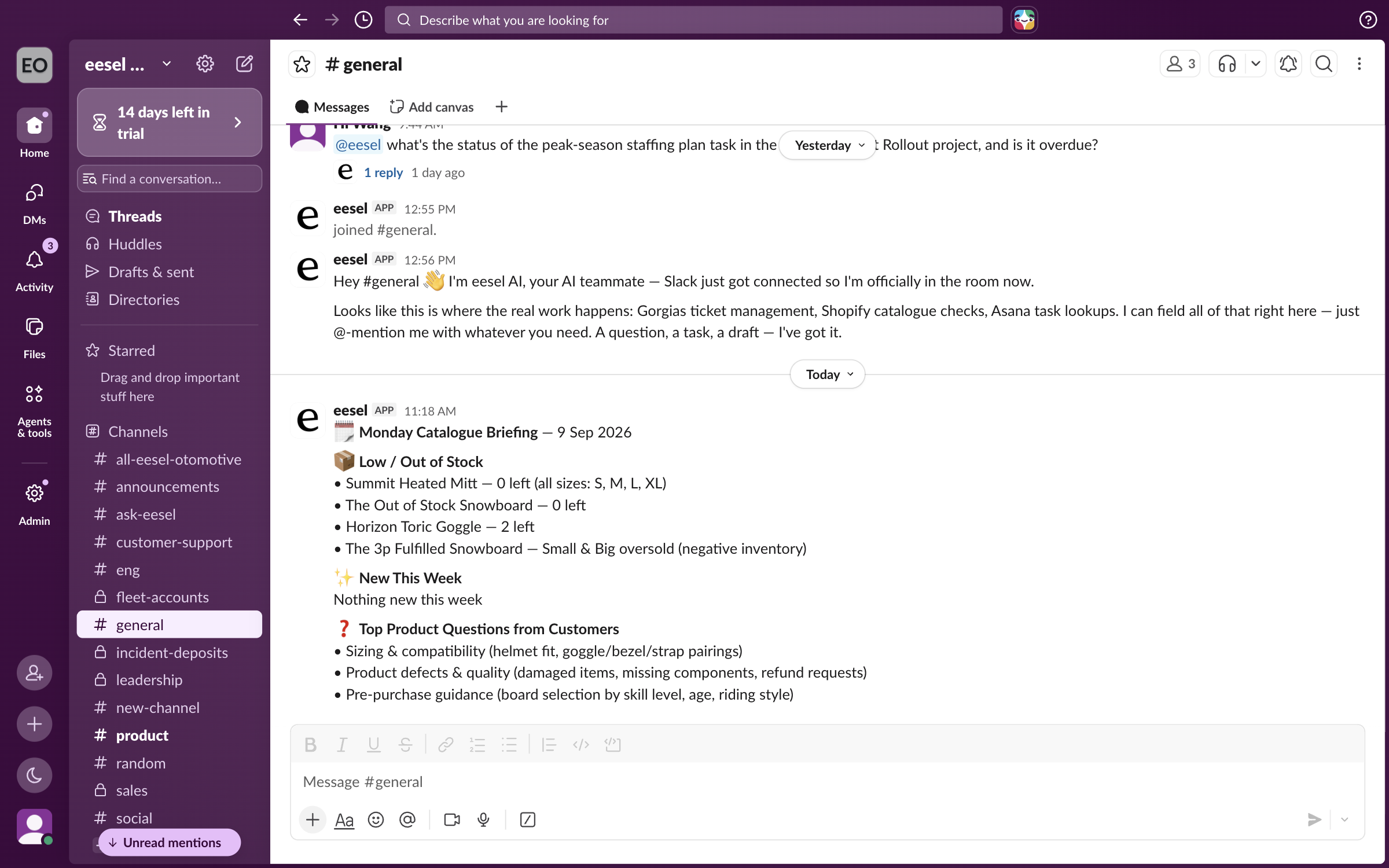 Slack's general channel with a Monday Catalogue Briefing posted by the eesel app, listing low and out of stock products, new arrivals and top customer questions