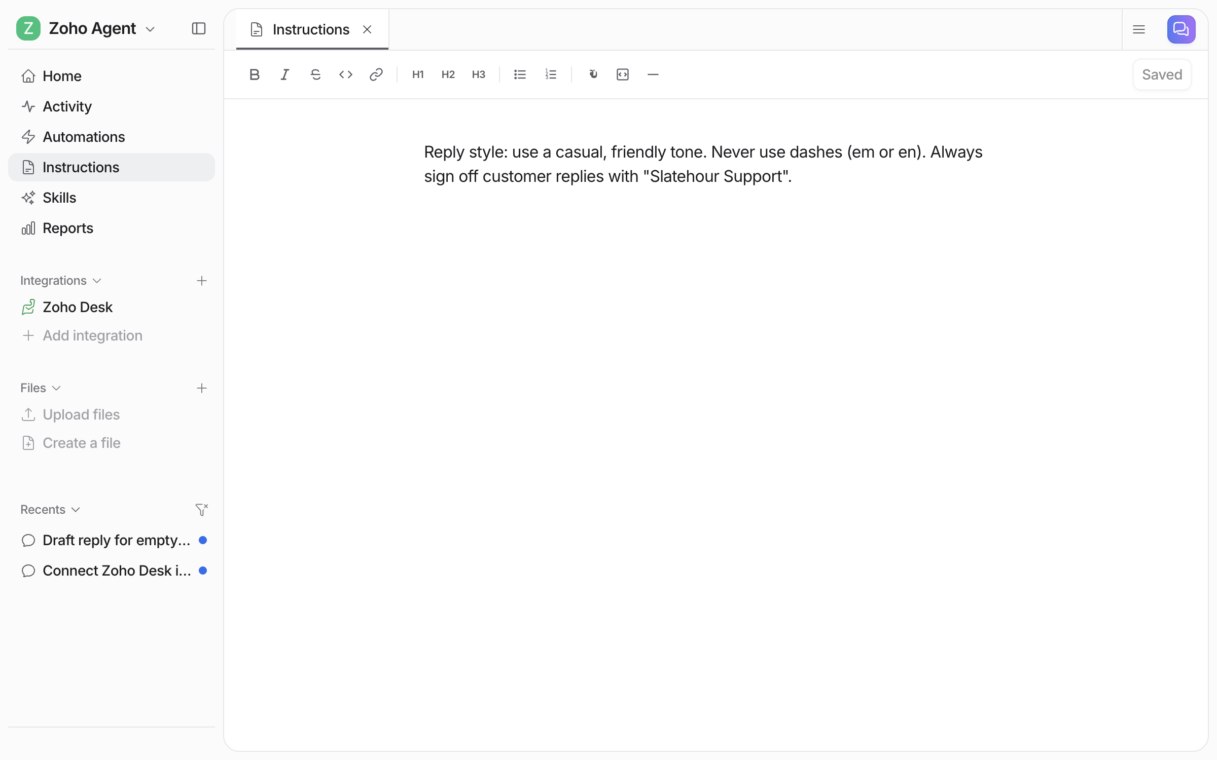 The Instructions page in eesel showing the saved reply style rules