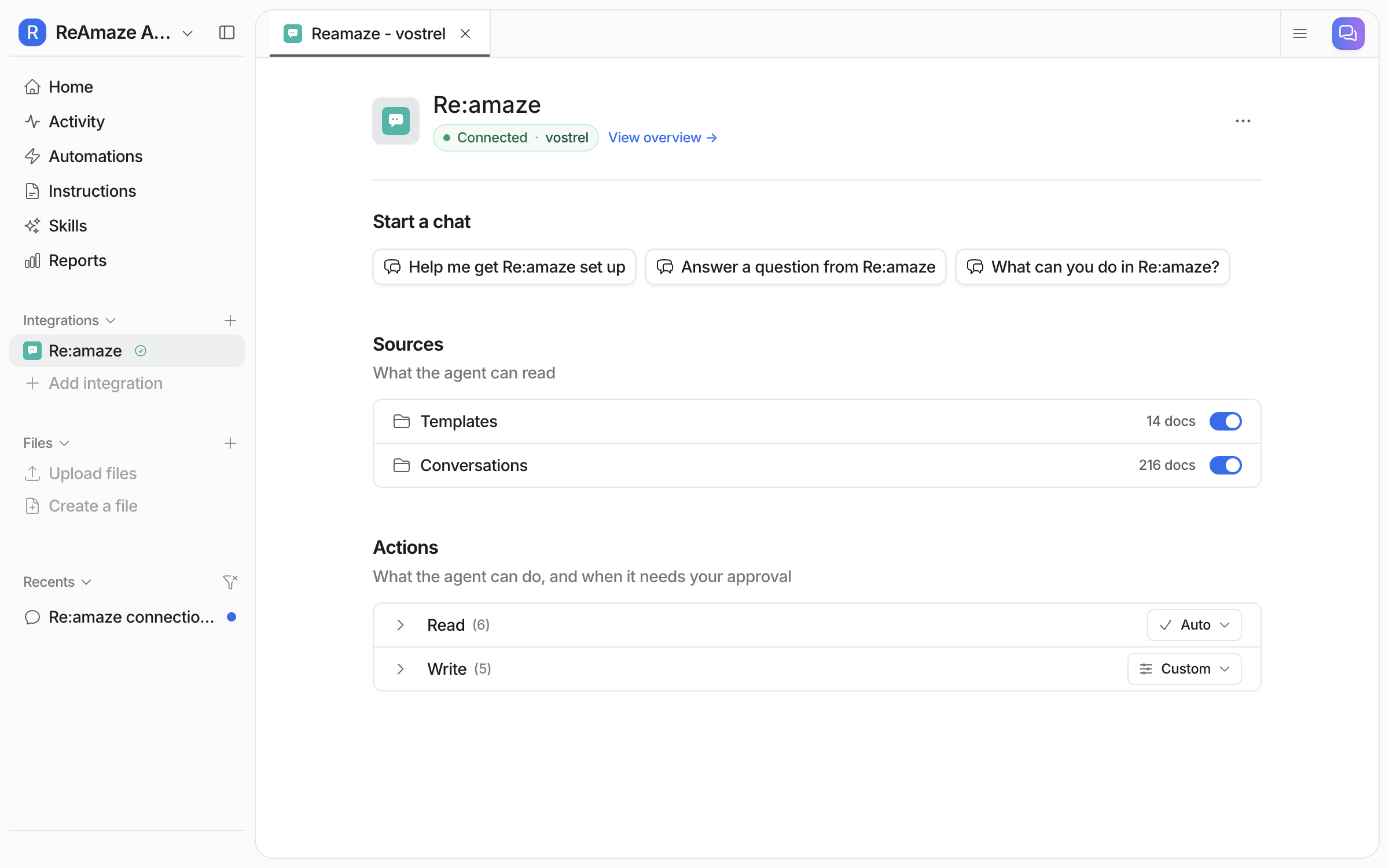 The connected Re:amaze integration page in eesel, listing Templates and Conversations as sources with document counts and toggles, above the Read and Write action groups
