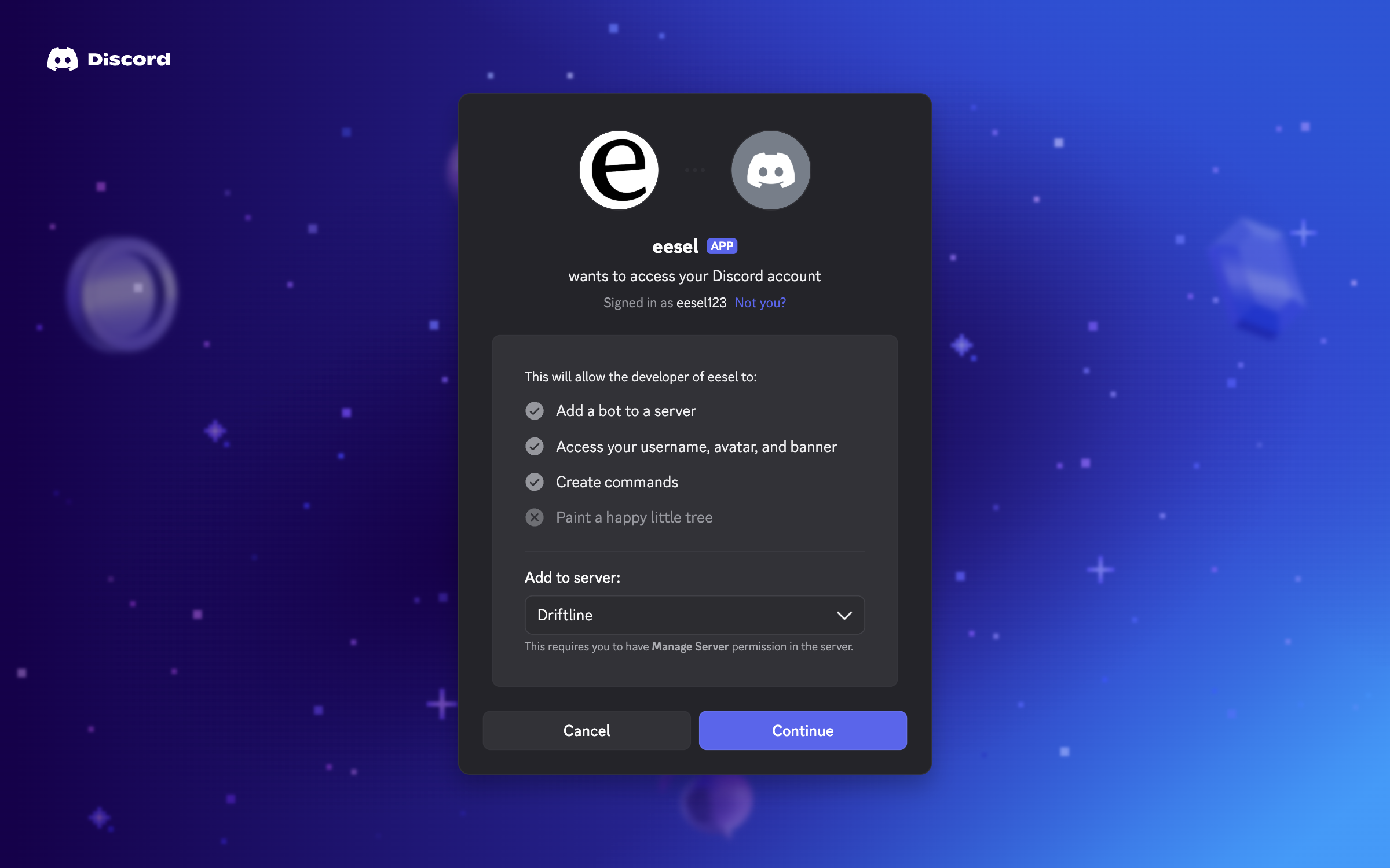 Discord's screen asking to add the eesel app, with the Driftline server picked under Add to server and a Continue button