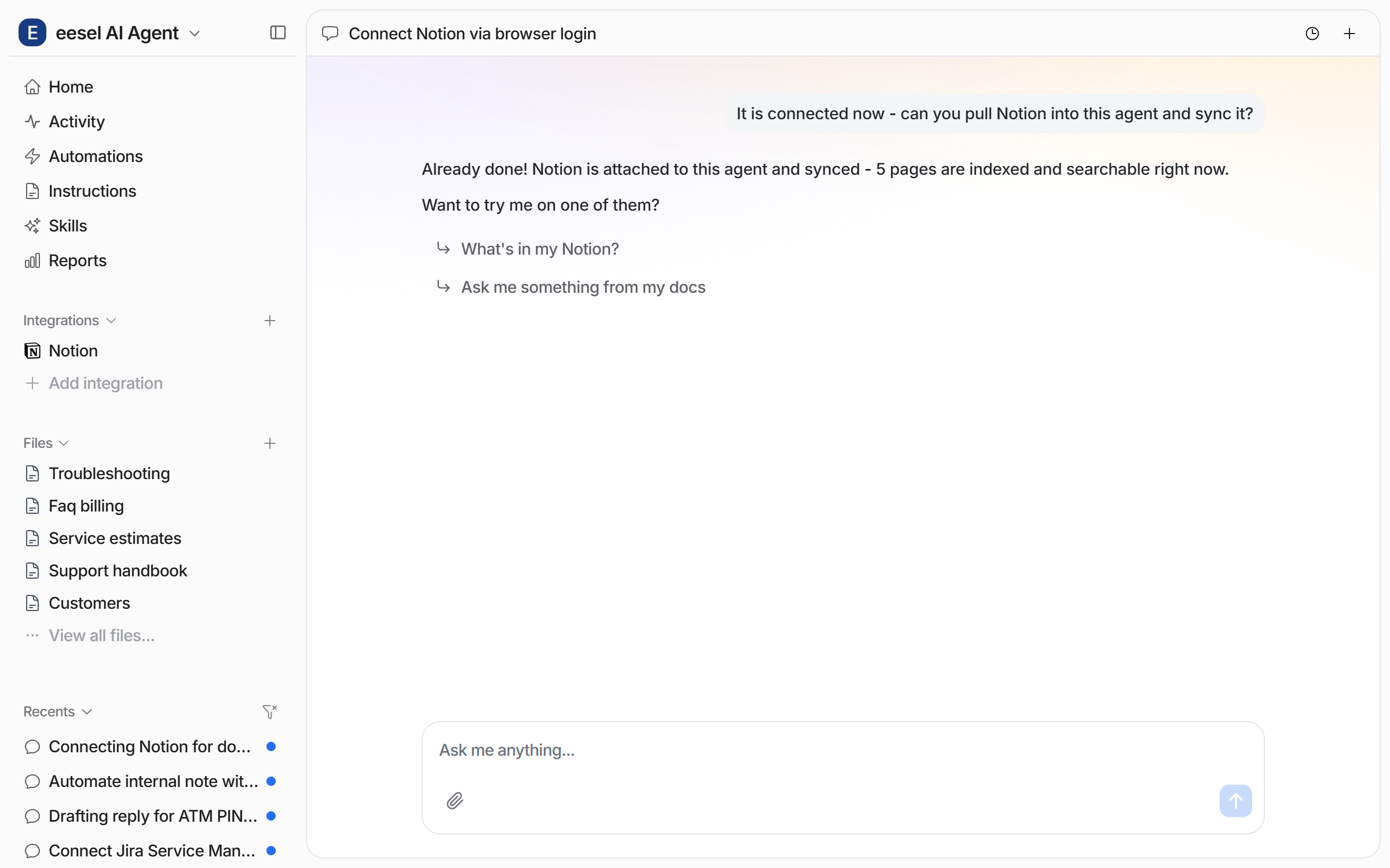 The dashboard chat confirming Notion is attached to the agent and synced, naming how many pages are indexed, with two suggested first questions