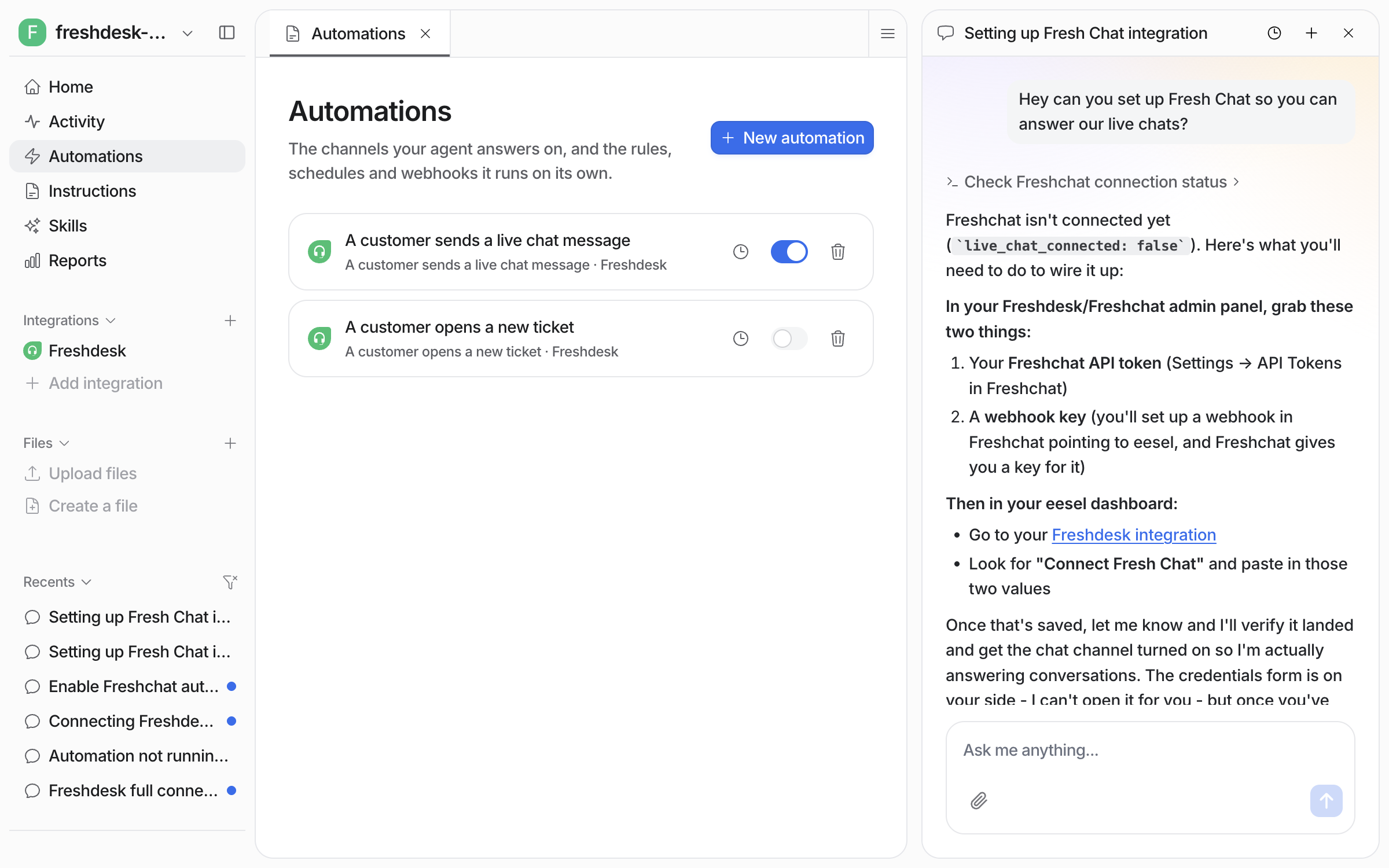 The Automations page with the live chat message automation switched on, and the dashboard chat about the setup open beside it