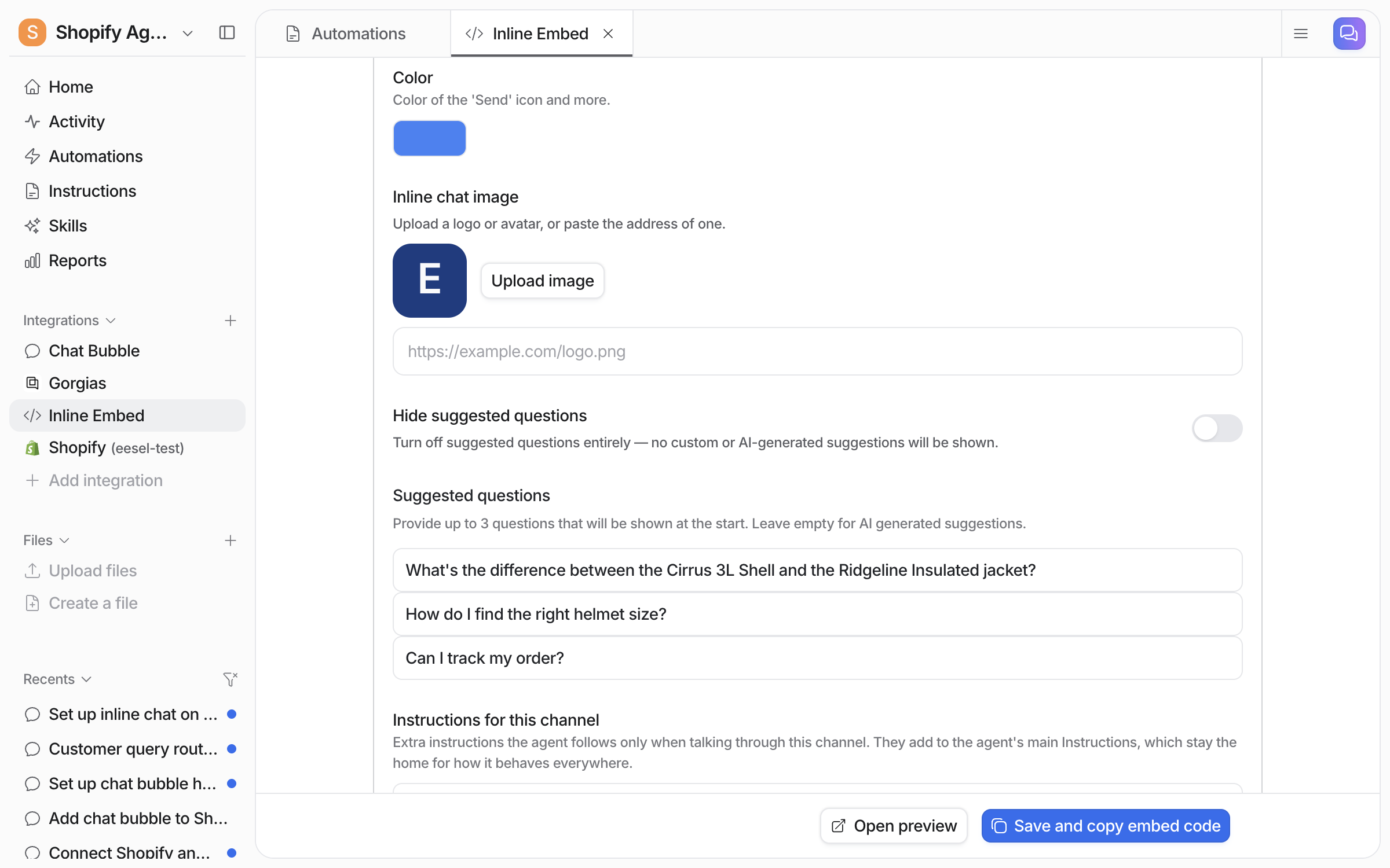 The Color picker, the Inline chat image upload and the Hide suggested questions switch on the Inline Embed settings page