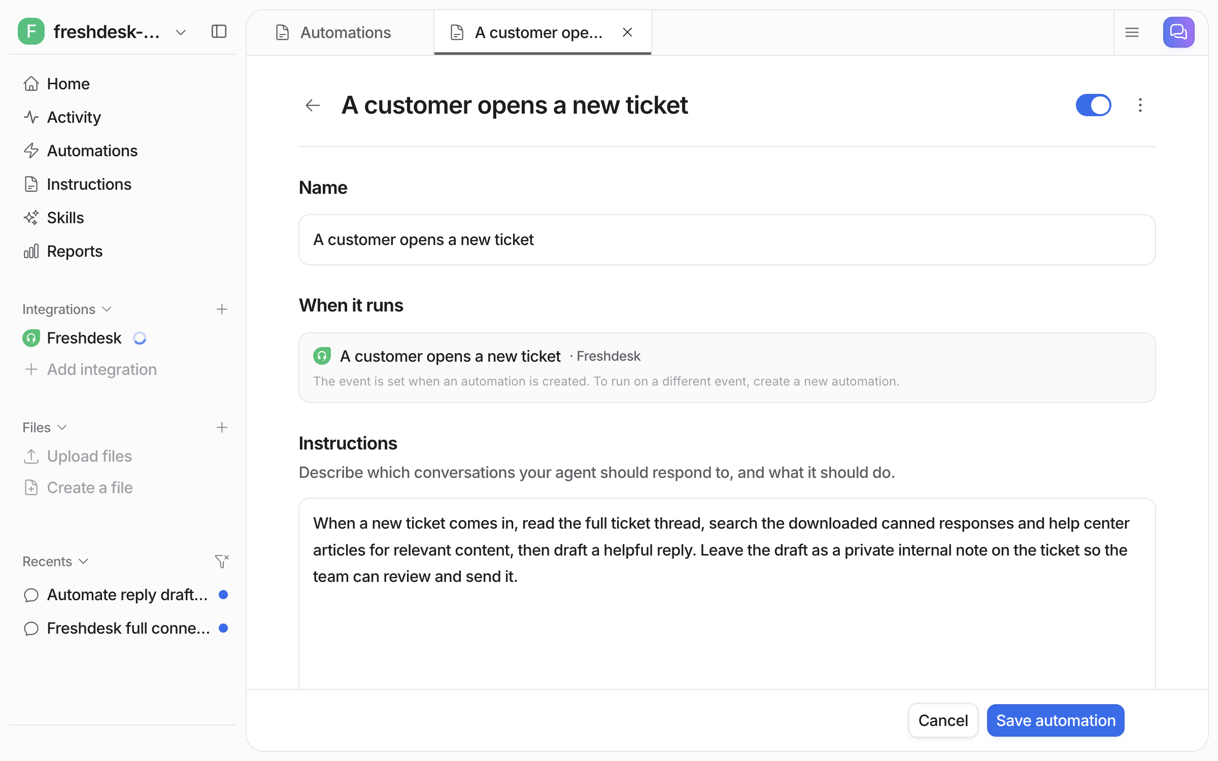 The automation editor showing its name, the Freshdesk event it runs on, and the instructions telling the agent to draft a reply as a private note