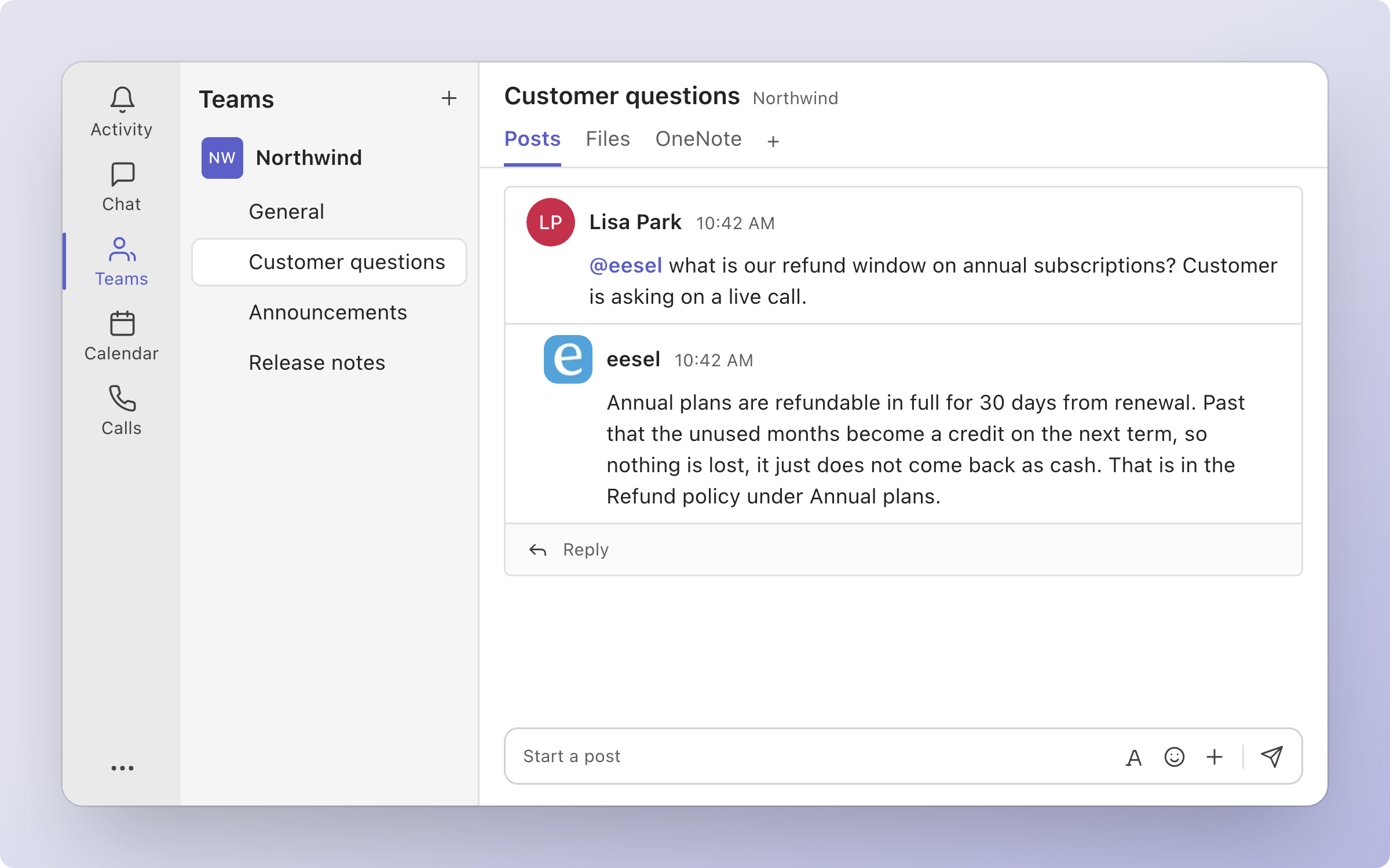 A Microsoft Teams channel where a teammate @mentions eesel about the refund window on annual subscriptions, and eesel answers in the channel citing the refund policy