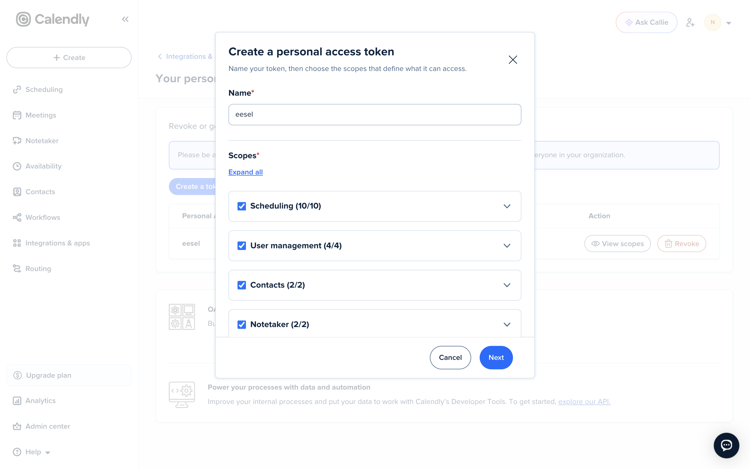 Calendly's Create a personal access token dialog with the name eesel and the Scheduling, User management, Contacts and Notetaker scopes ticked