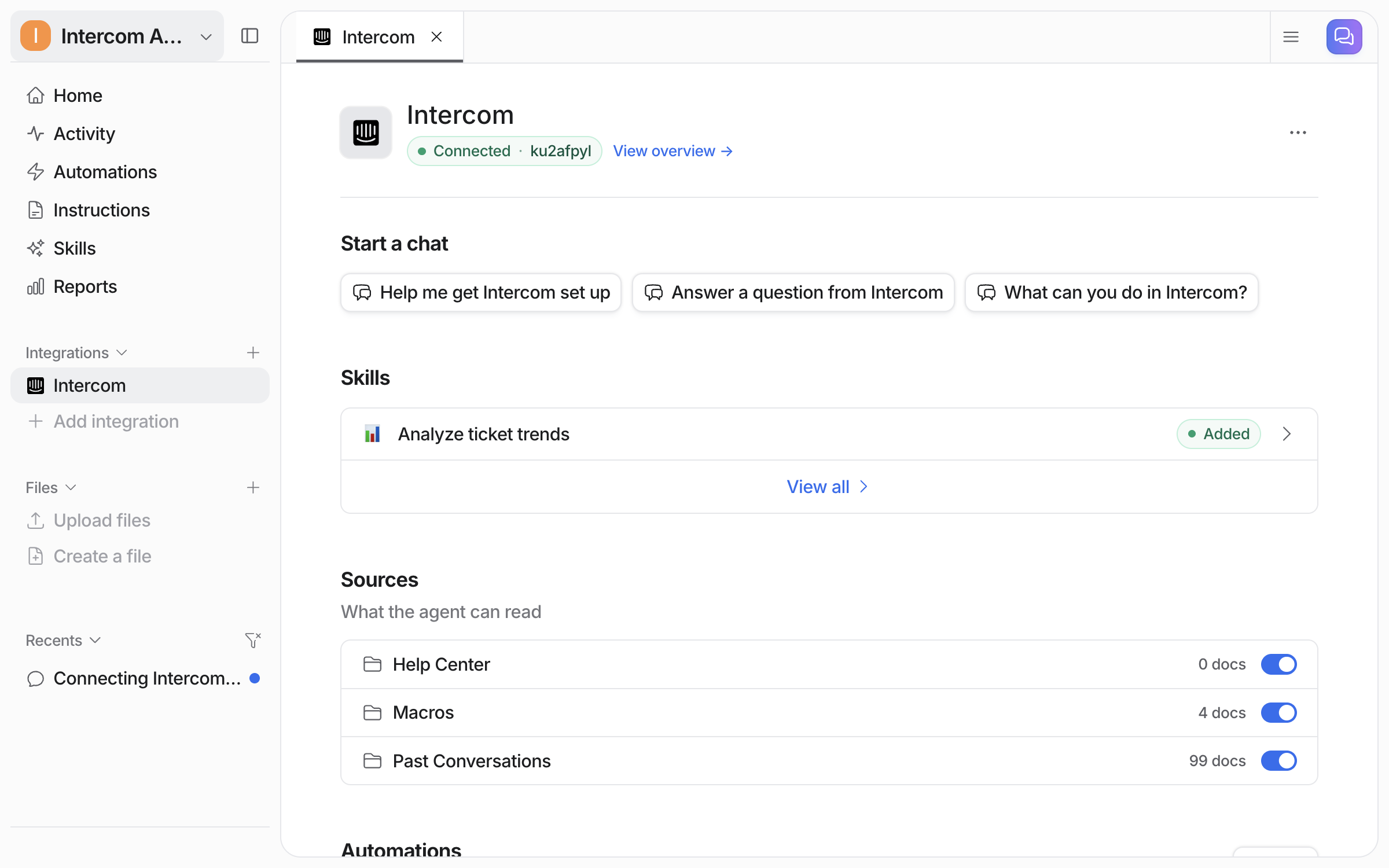 The connected Intercom integration page in eesel, listing Help Center, Macros and Past Conversations as sources with counts and toggles