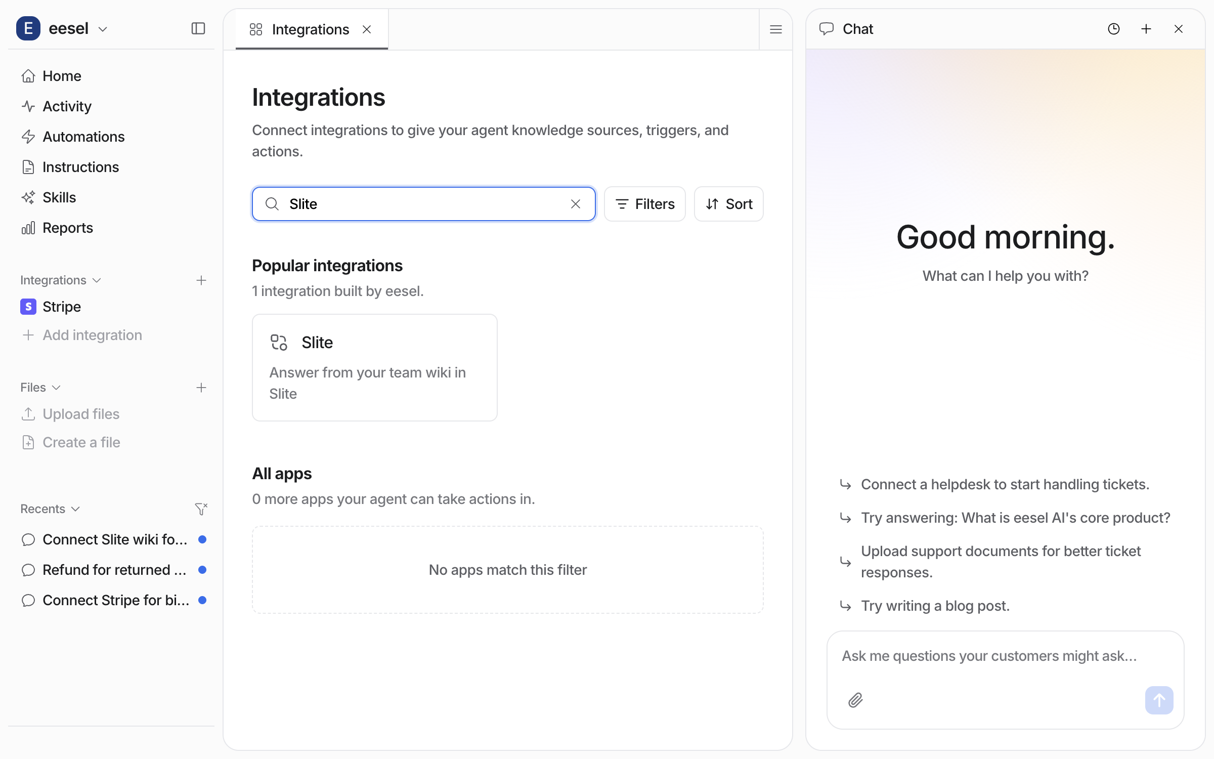 The Integrations gallery filtered to Slite, showing the tile Answer from your team wiki in Slite