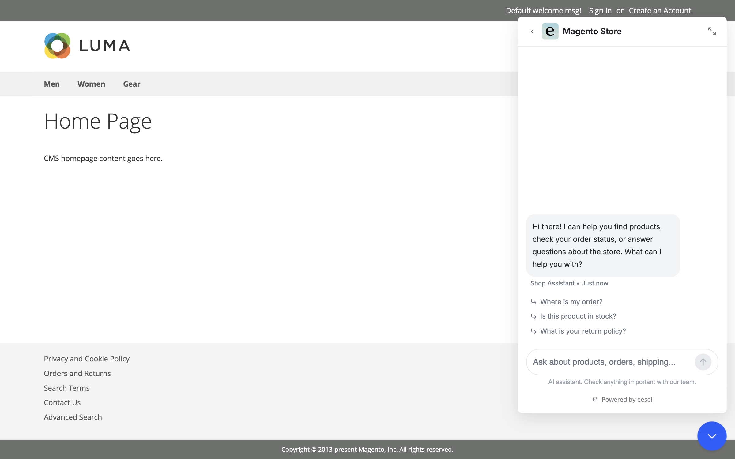 A Magento storefront home page with the eesel chat bubble open on a fresh chat, showing a welcome message and three starter questions