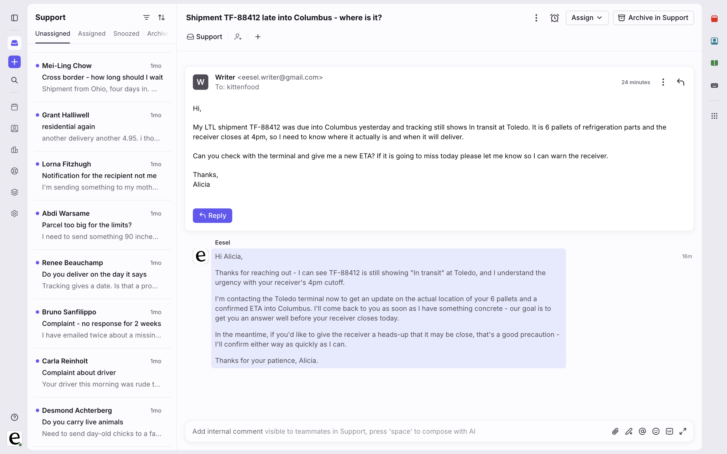 A Front conversation where eesel has left its drafted reply as an internal comment for the team to review and send