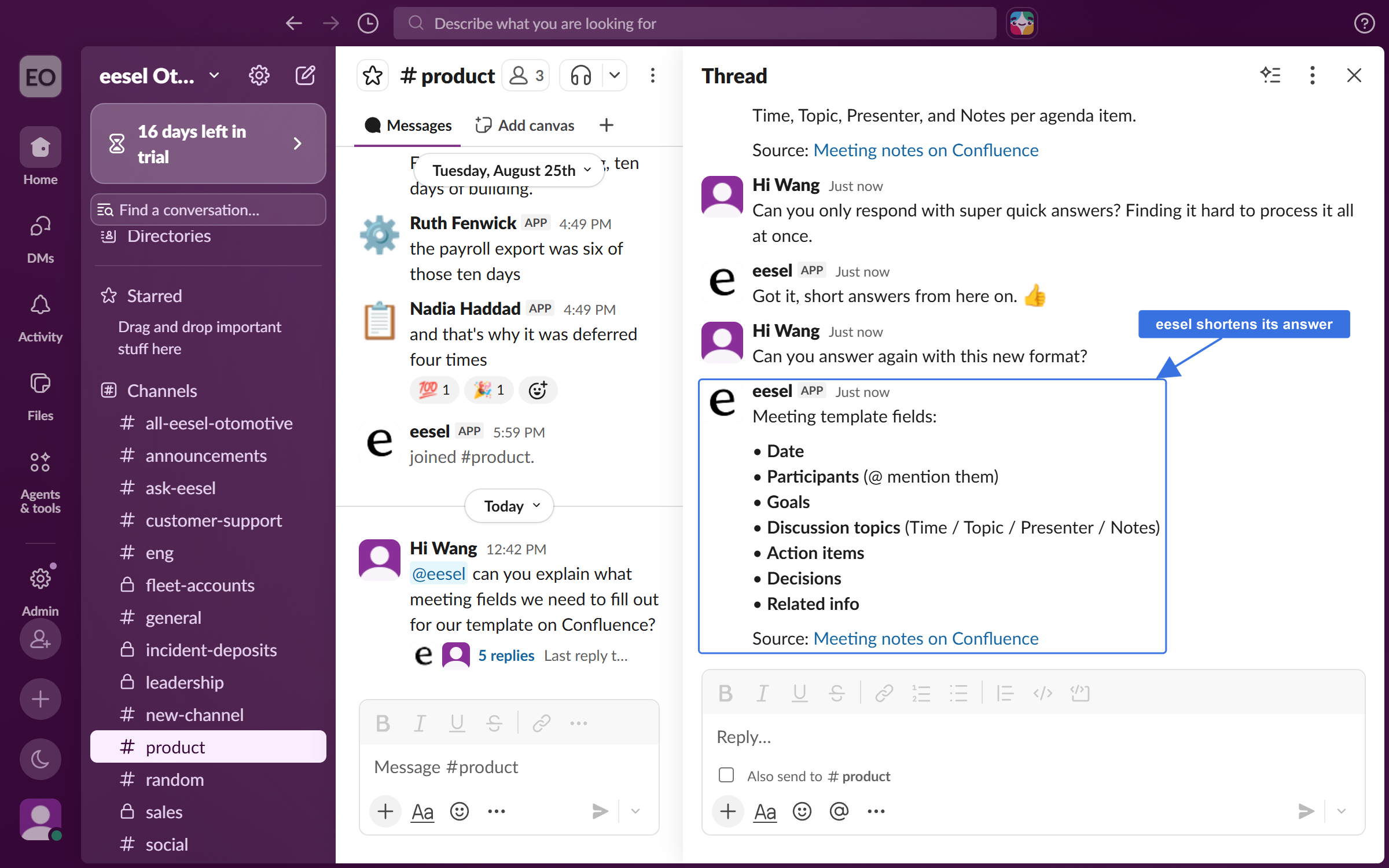 The same Slack thread later, where the teammate asks for shorter answers and the eesel app adjusts and answers again