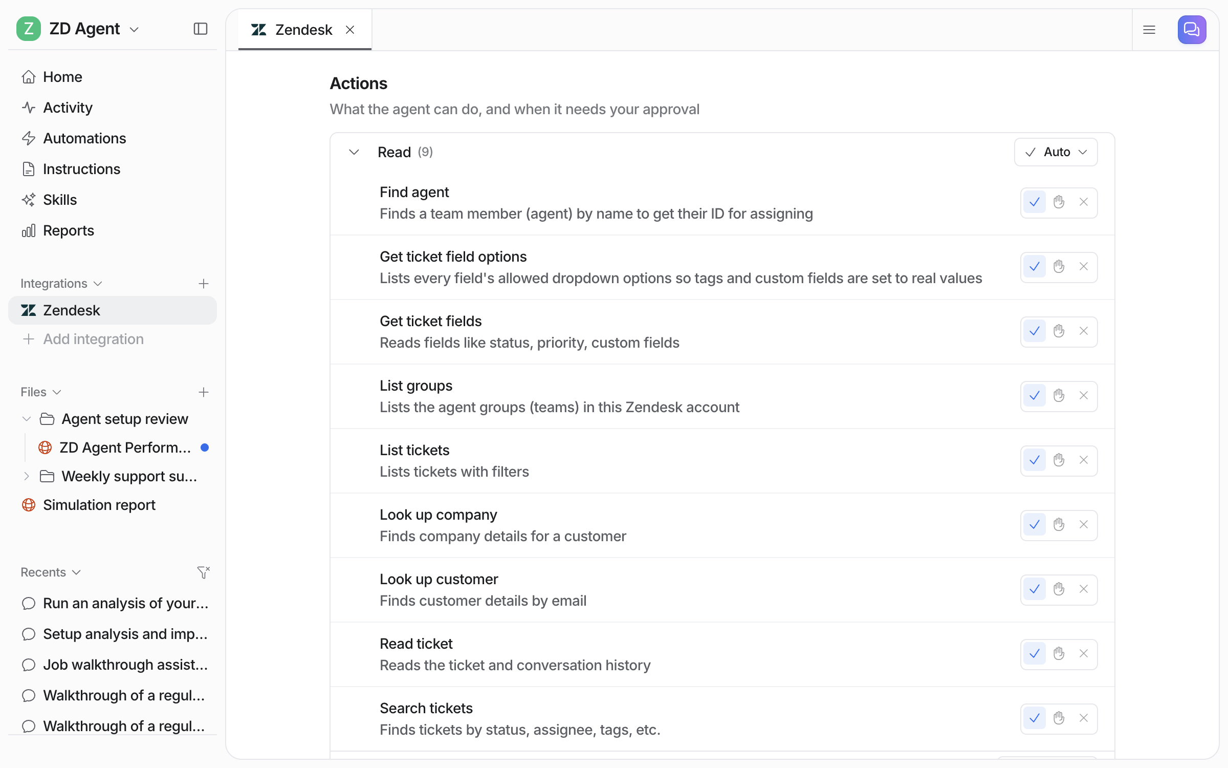 The Zendesk integration page's Actions section with the Read group expanded, nine look-up actions each with Auto, Needs approval and Disabled buttons, and the group set to Auto