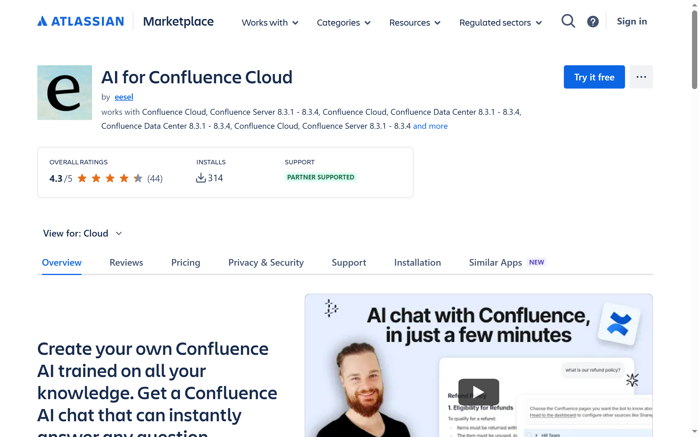 The AI for Confluence Cloud listing by eesel on the Atlassian Marketplace, with a Try it free button