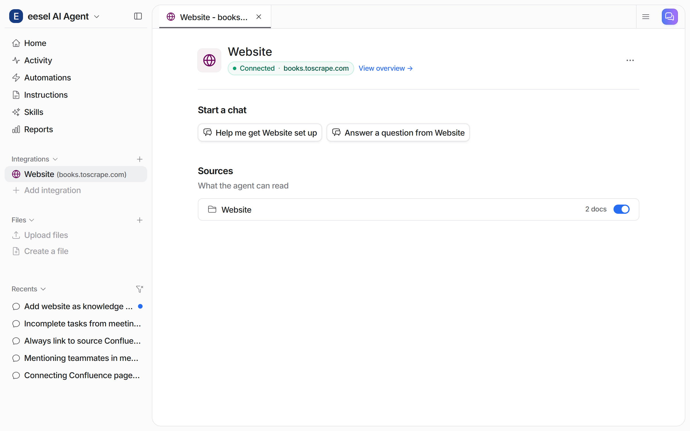 The Website integration page showing Connected with the domain, two Start a chat buttons, and a Sources list with a Website row, its document count and a toggle