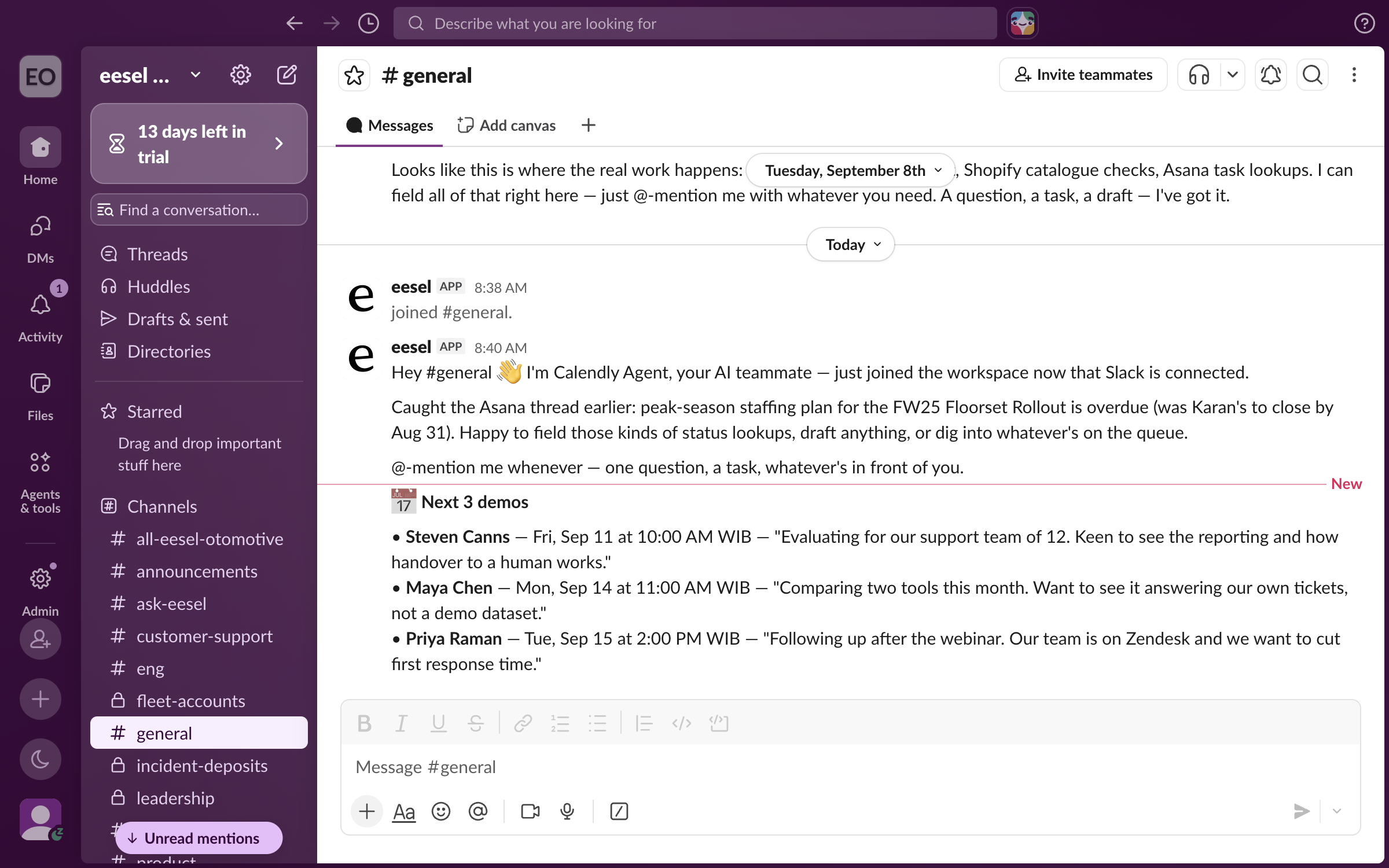 Slack's general channel with a Next 3 demos post from the eesel app, listing three invitees with their times and the notes they left when booking