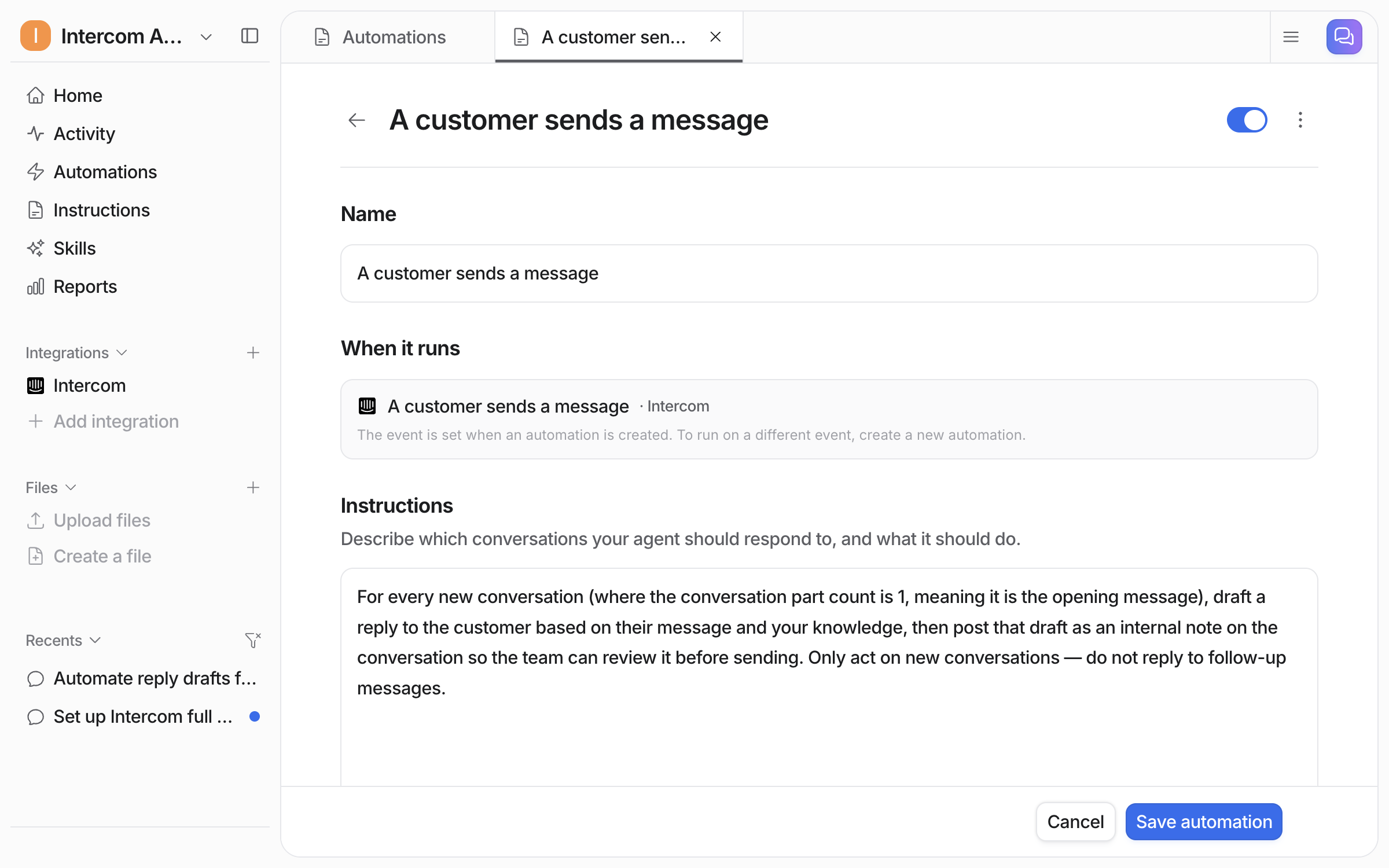 The automation editor showing its name, the Intercom event it runs on, and the instructions telling the agent to draft a reply as an internal note