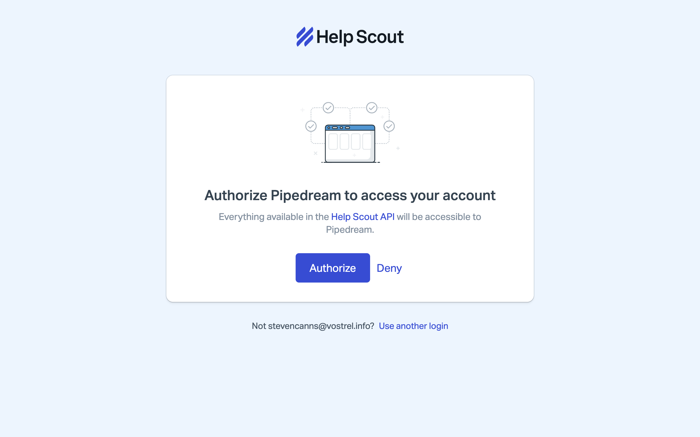 The Help Scout page headed Authorize Pipedream to access your account, with Authorize and Deny buttons and a line naming the signed-in account