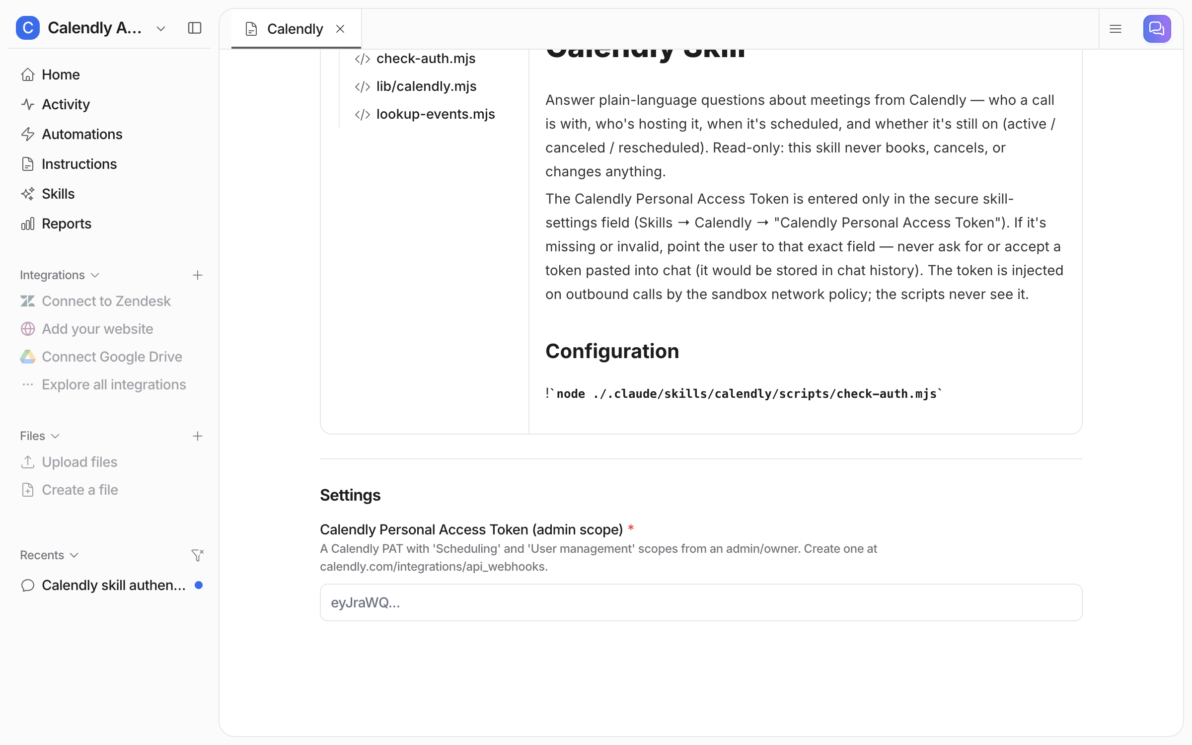 The skill page scrolled down to Settings, showing the empty Calendly Personal Access Token field with a note that it needs the Scheduling and User management scopes from an admin or owner