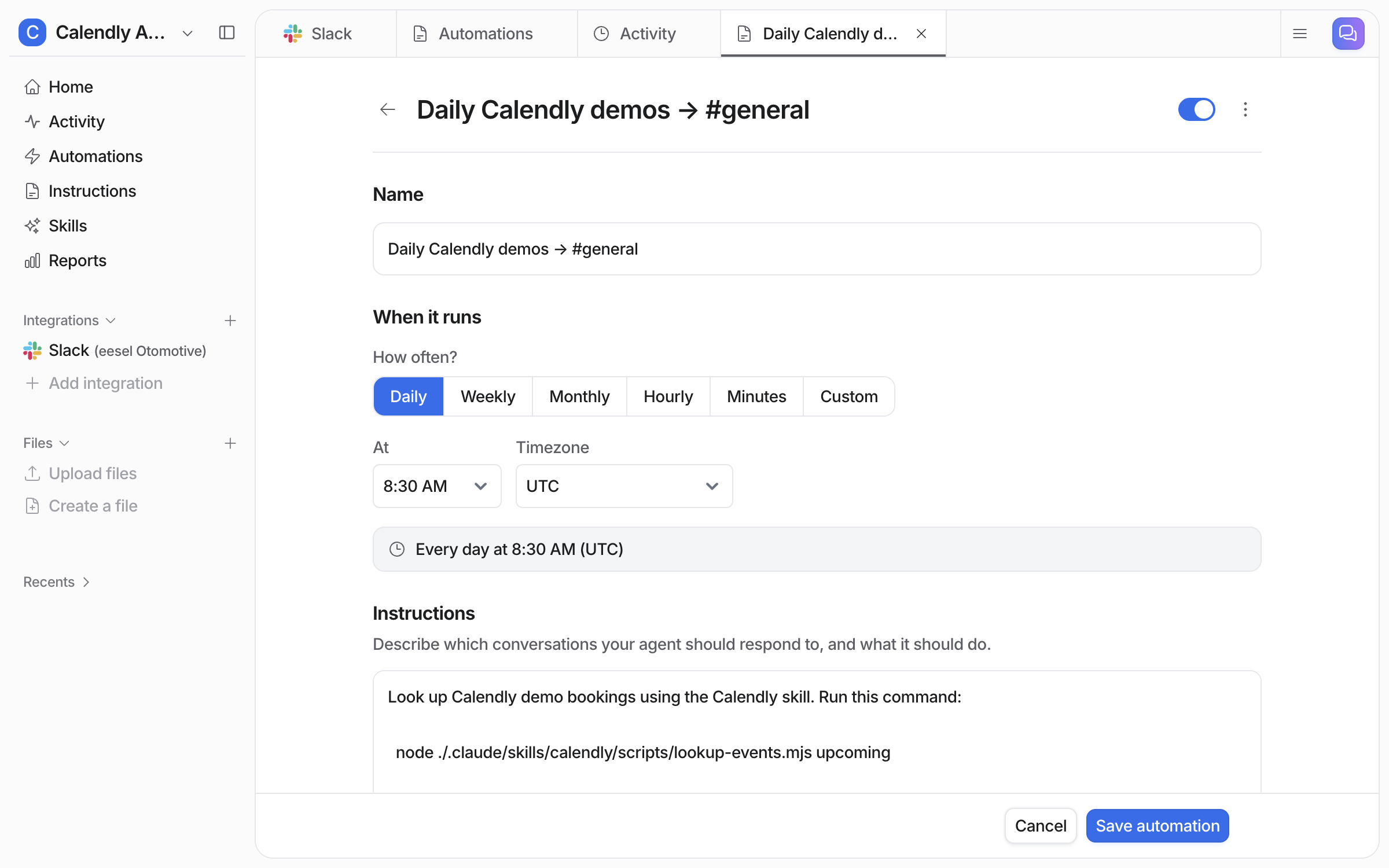 The schedule editor with How often set to Daily, 8:30 AM and UTC chosen, and a line reading Every day at 8:30 AM (UTC)