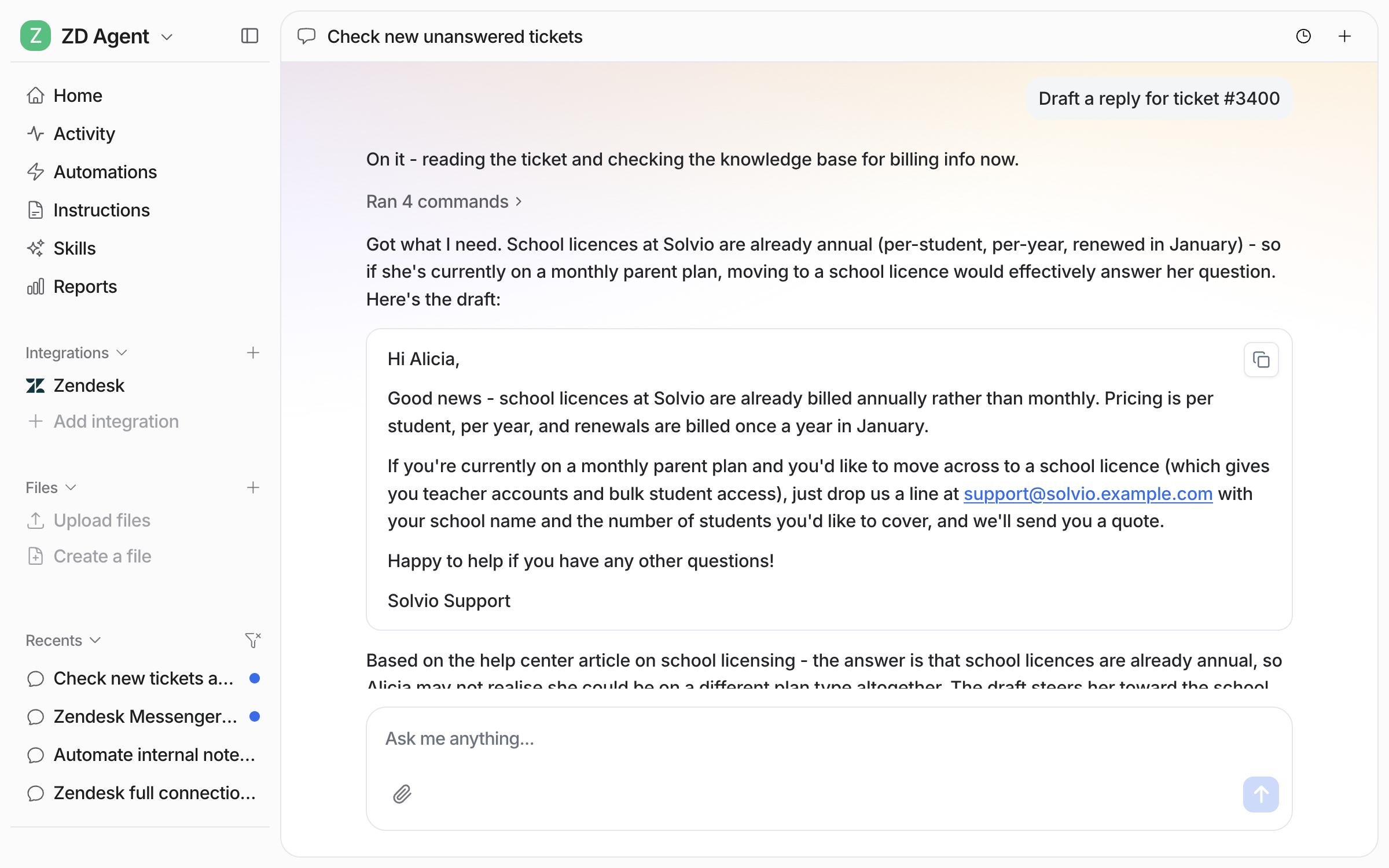 The dashboard chat drafting a reply for a Zendesk ticket, showing the steps it took and the drafted reply