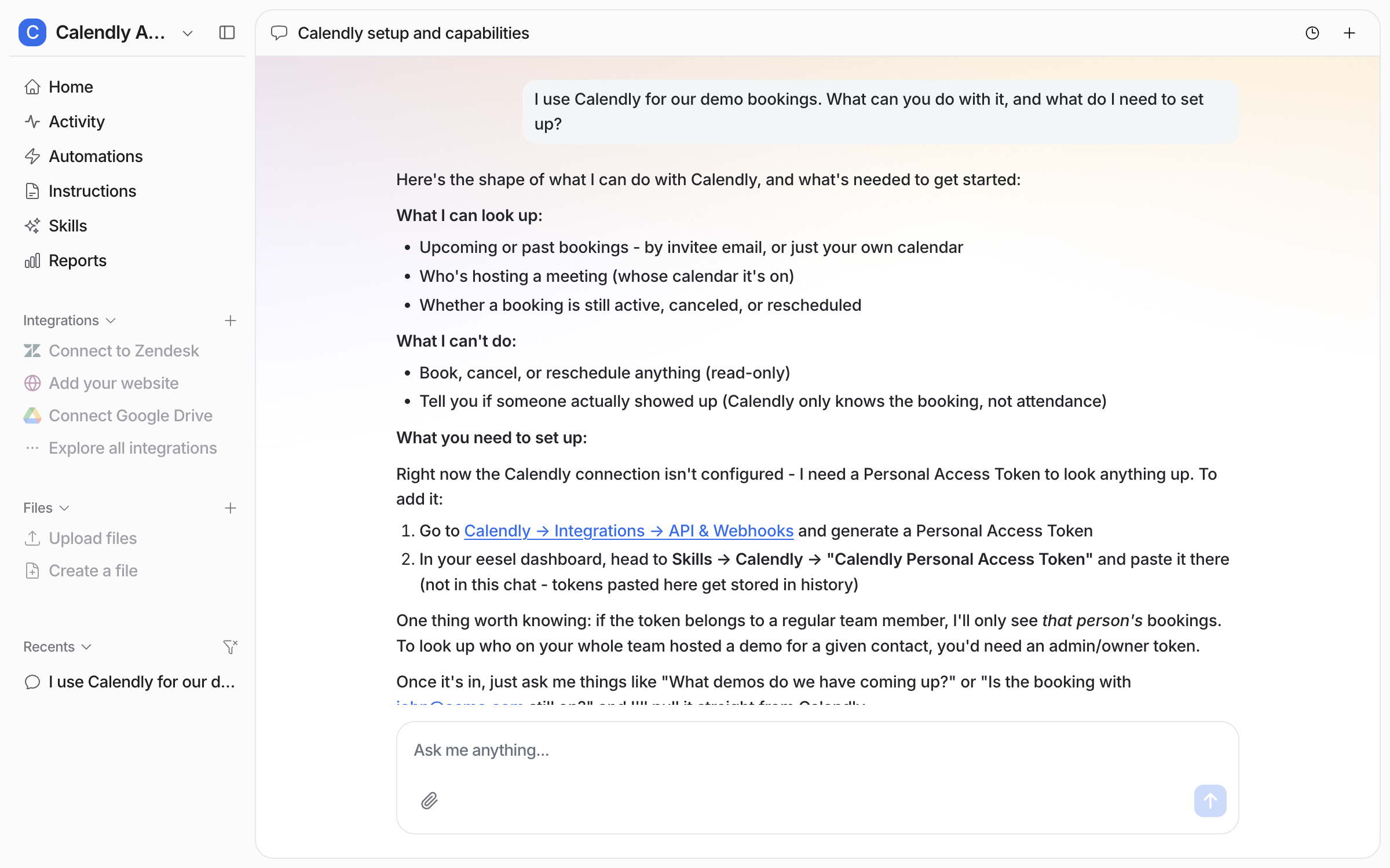 The dashboard chat where the user asks what the agent can do with Calendly, and the agent lists what it can look up, what it cannot do, and the two steps to add a personal access token