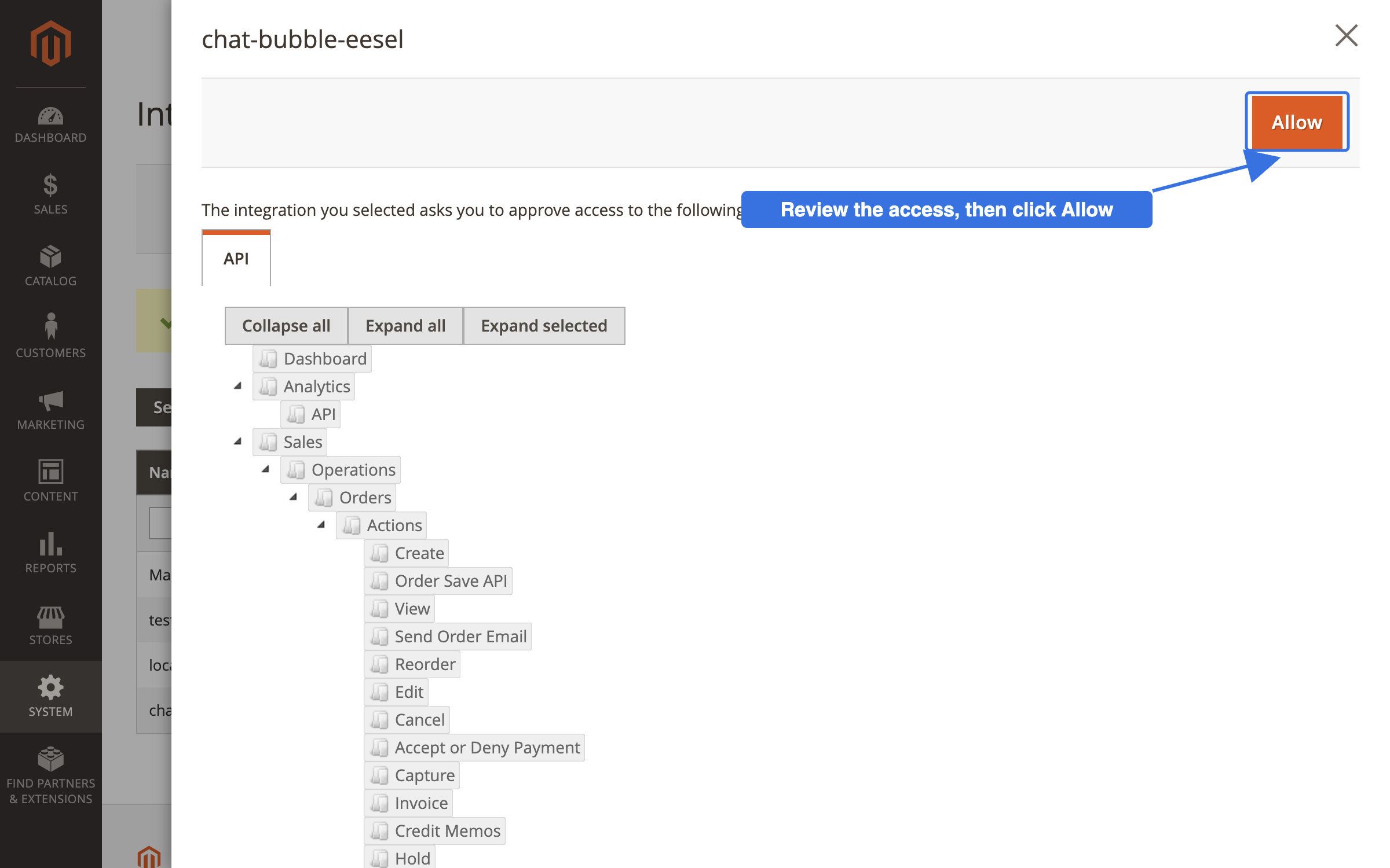 The Magento approval pop-up listing the requested API resources in a tree, with a callout on the Allow button