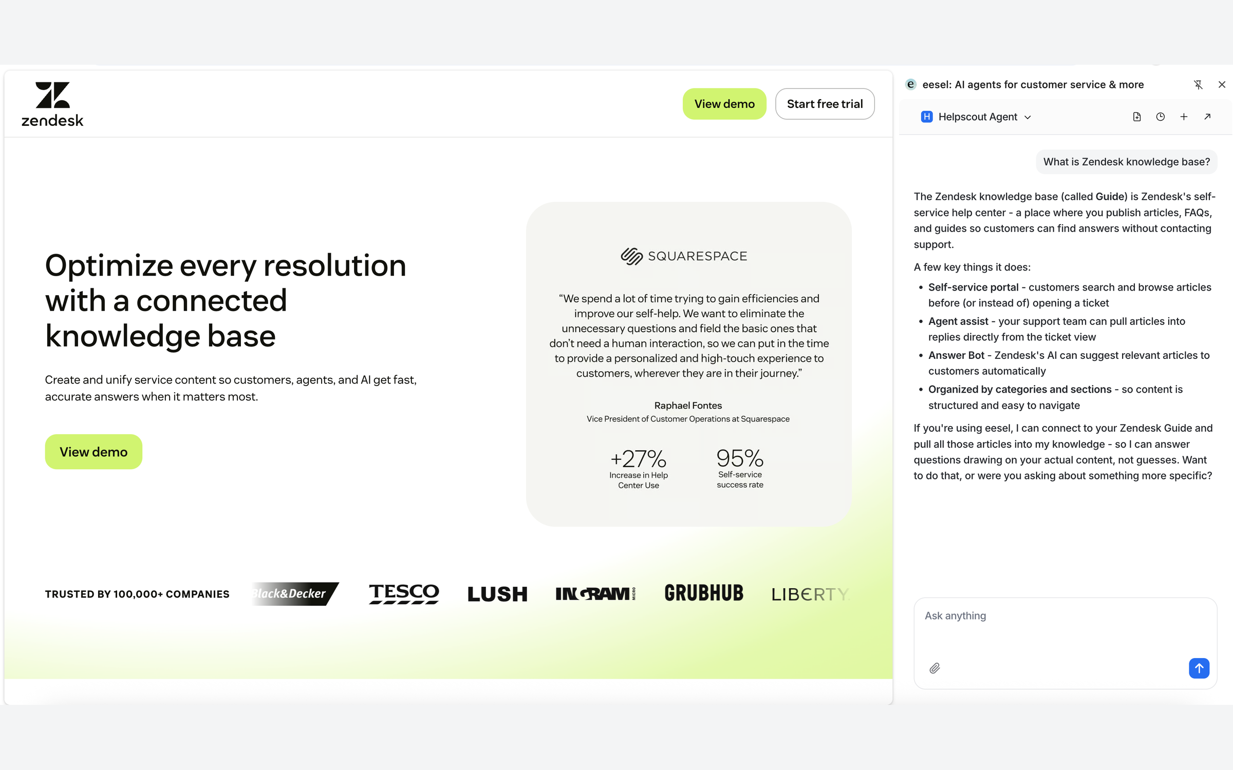 The eesel side panel open beside the Zendesk website, answering the question What is Zendesk knowledge base with a short explanation