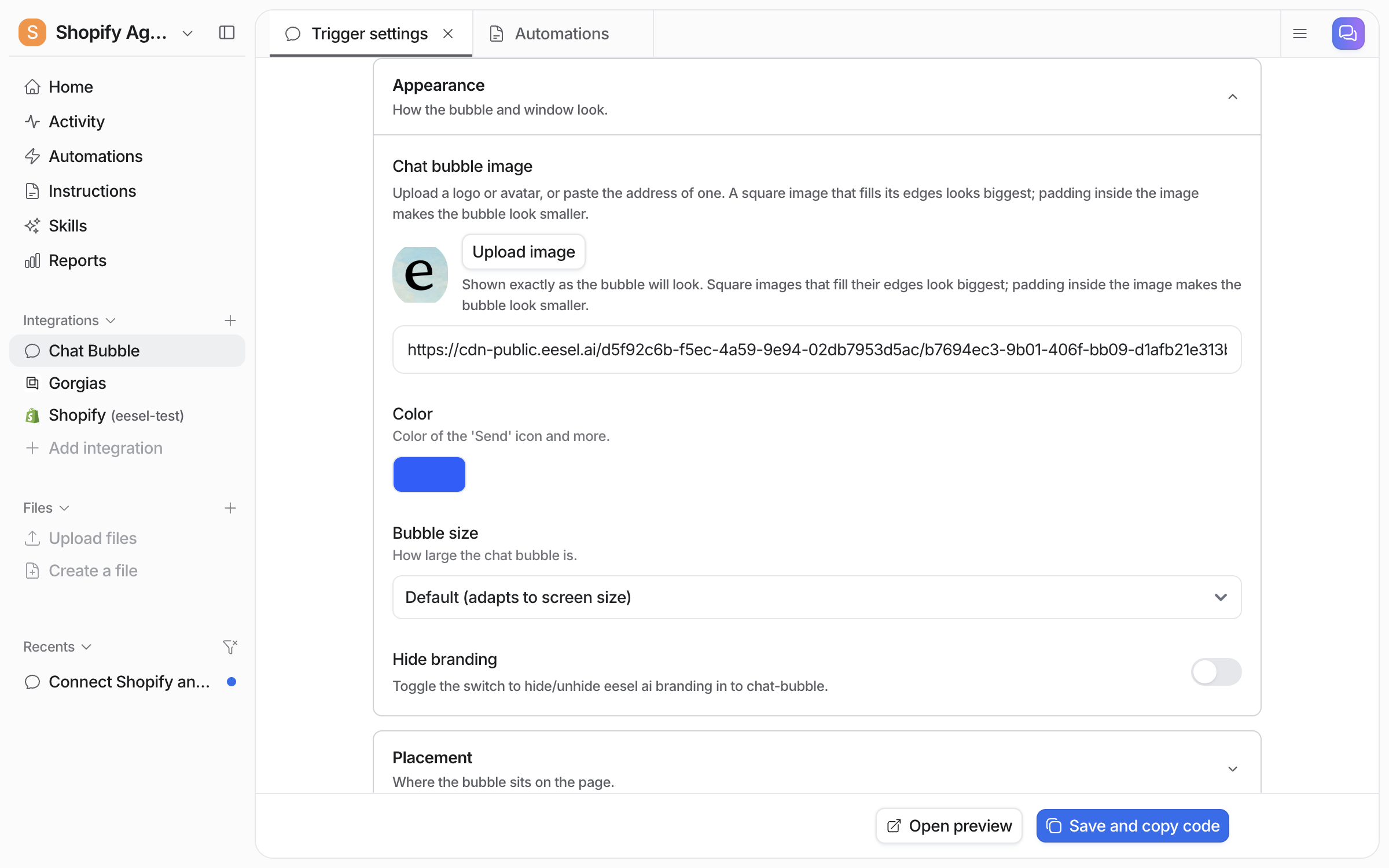 The Appearance section of the settings page, showing an uploaded logo as the chat bubble image with its address below, a blue colour swatch, a Bubble size dropdown set to default, and a Hide branding switch