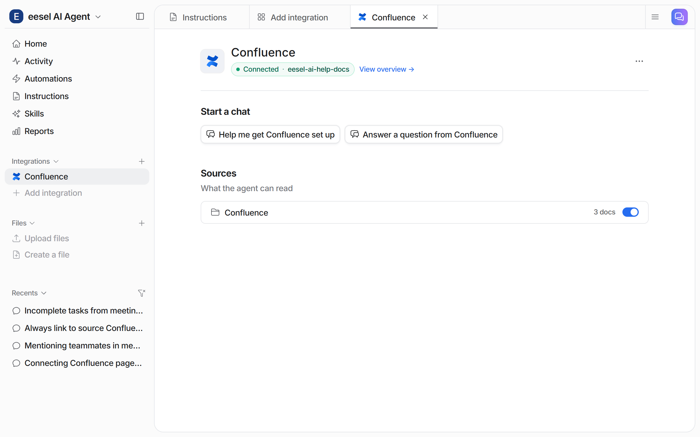 The Confluence integration page in the dashboard showing Connected with the site name, Start a chat buttons, and a Confluence source row with a document count and a toggle