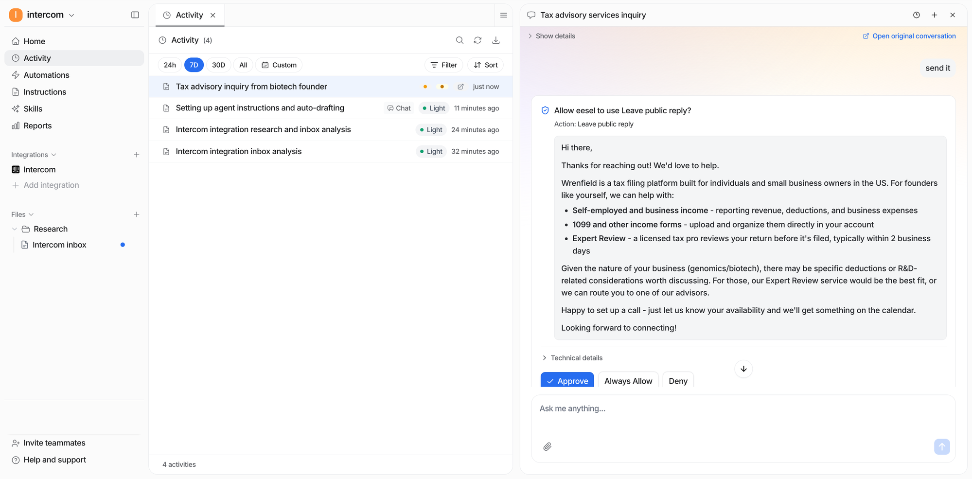 The eesel activity feed showing a reply the agent prepared for an Intercom conversation, with Approve, Always Allow, and Deny buttons underneath