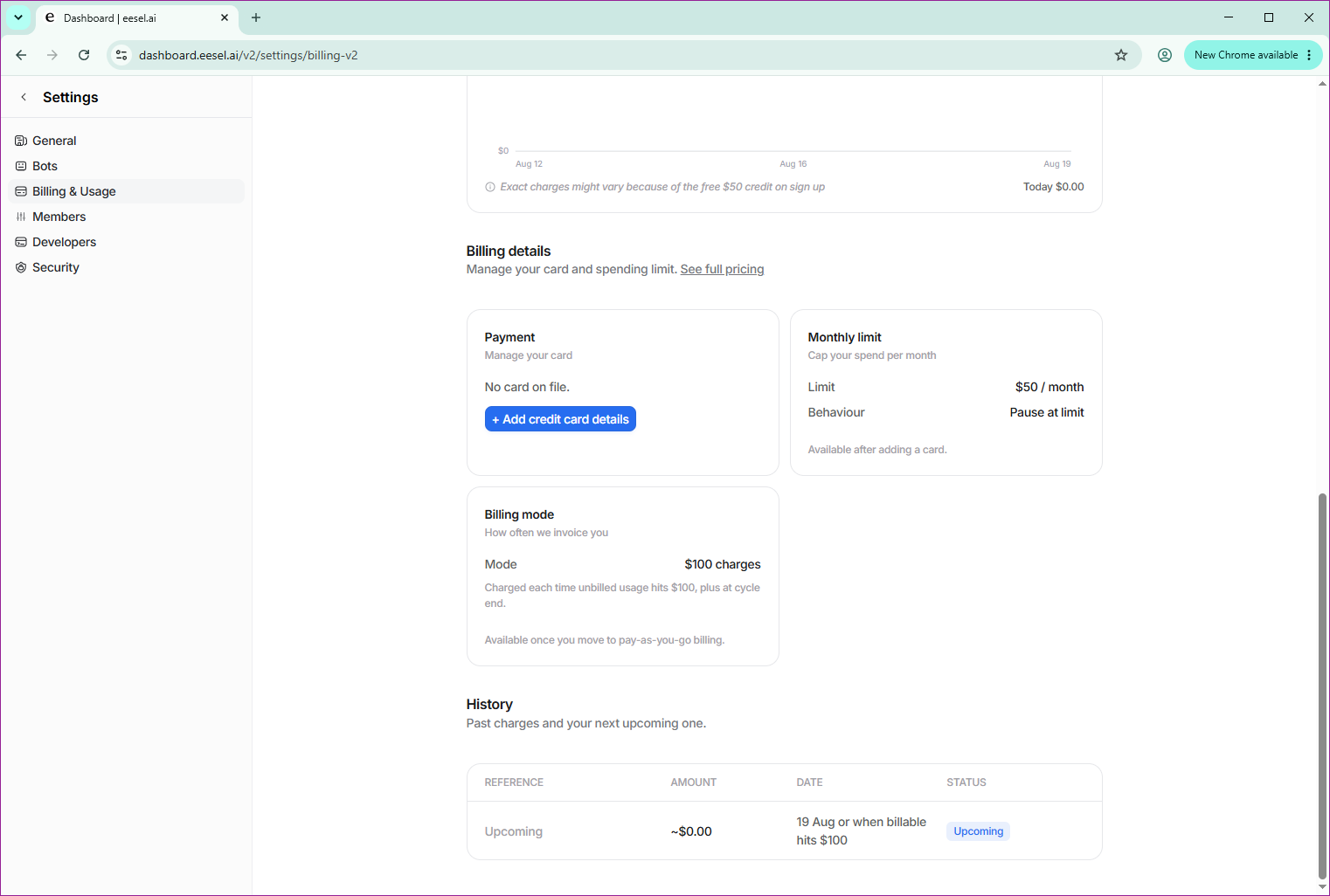 The Billing and Usage page in workspace settings, showing a usage chart, payment card details, a monthly limit with pause-at-limit behaviour, billing mode, and a history of past and upcoming charges