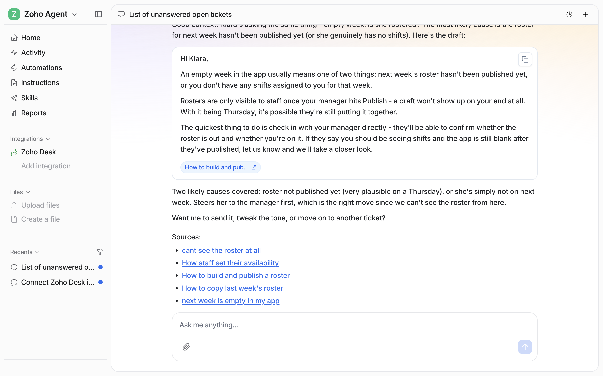 The same chat scrolled down, showing the agent's reasoning and the list of help center articles it used as sources